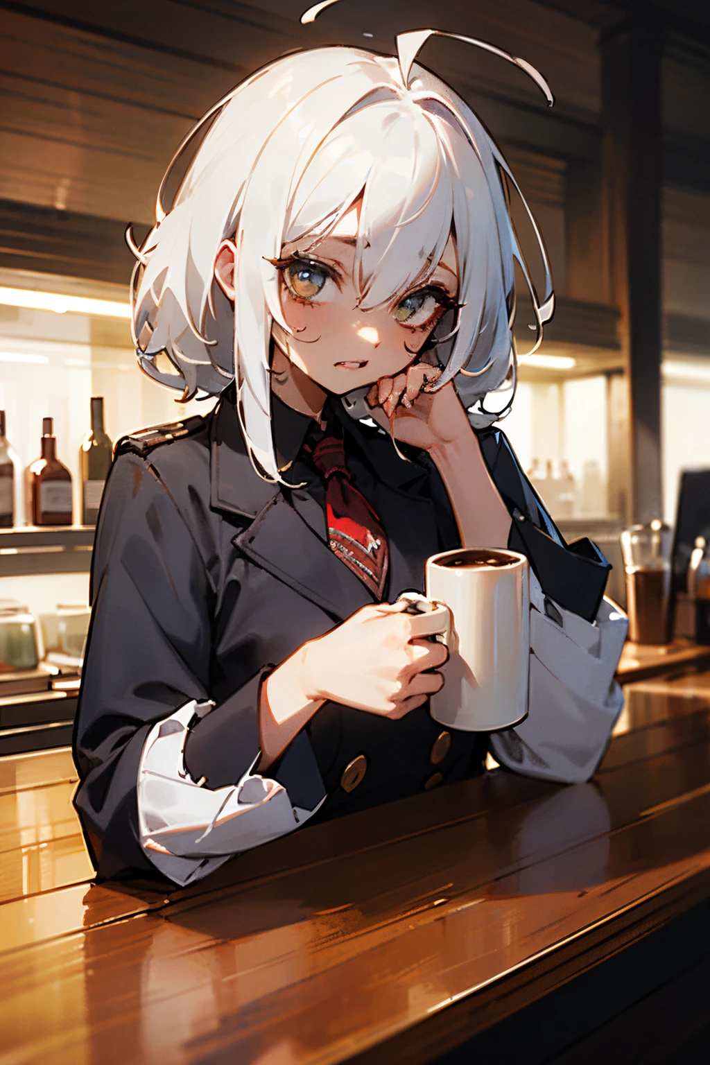 ((Best quality at best)), ((tmasterpiece)), (Detailed pubic hair), s the perfect face，zombie，bar，coffee，work，white hair，thin，girl