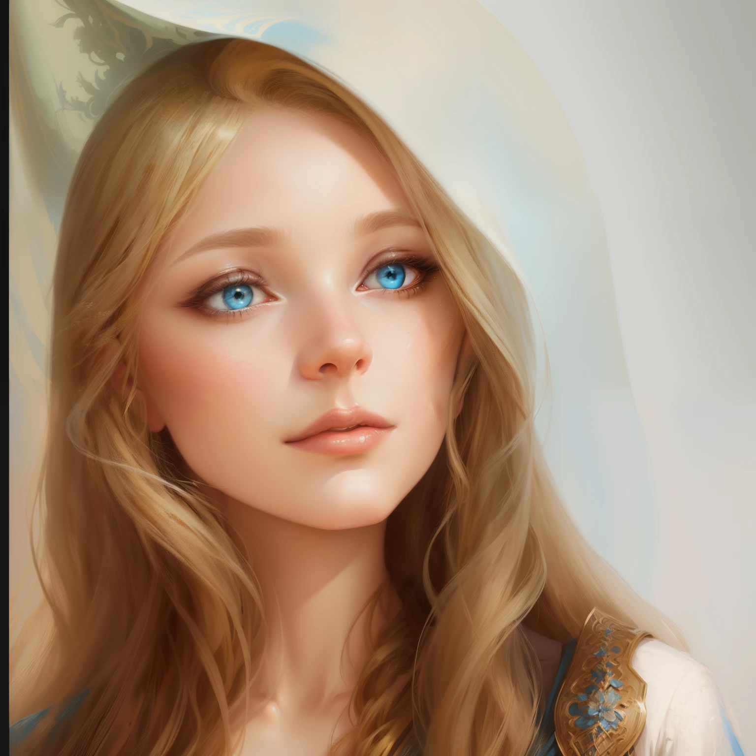 Painting of a woman with long blonde hair and blue eyes, Detailed matte fantasy portrait, beautiful fantasy portrait, beautiful fantasy art portrait, gorgeous digital painting, fantasy art portrait, beautiful digital painting, beautiful digital illustration, fantasy portrait, Detailed beautiful portrait, realistic cute girl painting, beautiful character painting, digital fantasy portrait, in the art style of bowater, beautiful digital artwork
