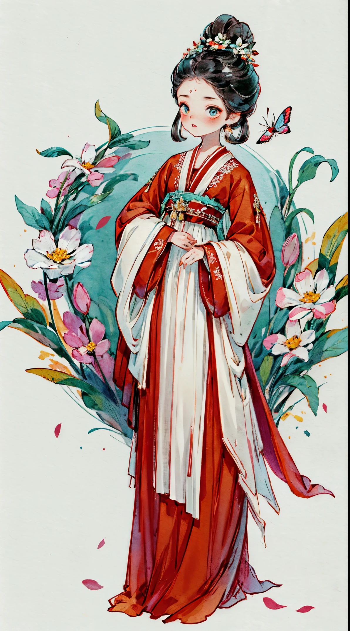 1 Sister, Alone, looking at viewert, face flushed, Background with, black hair color hair, hair adornments, longer sleeves, white backgrounid, everlasting, Full body lesbian, flowers blooming, hairflower, hair-bun, butterflys, Red clothes, tmasterpiece, recent quality, The finest details, Clear facial features, beautidful eyes