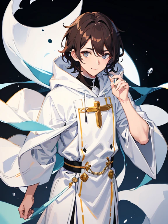 smiling priest boy,white backgrounid,Looking at the camera,Virtual YouTuber,Full body illustration,Forehead,Hairstyle that reveals the forehead,base of ear,comma hair,Ultra Detail,Haig Quality,sketch,1boy,matured male,Beautiful face,Handsome men,Pearl skin,White hoodie,drooping eyes,Dynamic Angle,Japan Anime,splash curl hair,dark brown hair,独奏.