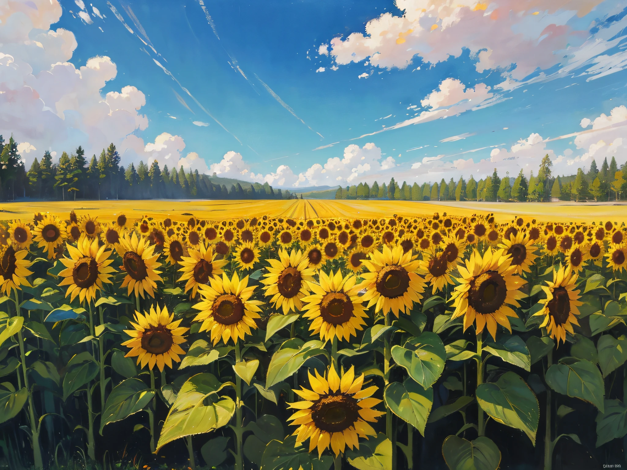 Old painting, Oil painting on canvas depicting a field with many sunflowers in a clearing in the center of the forest, blue skies, white clouds, works by artist Claude Monet, complete imitation of Claude Monet&#39;s style, antique canvas