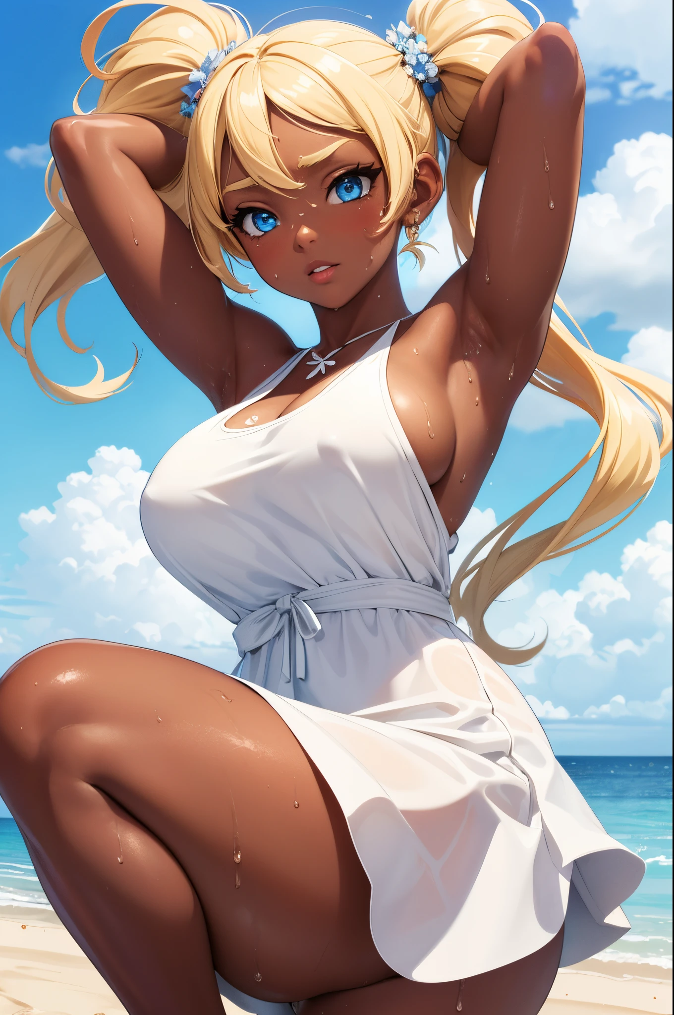 (Masterpiece, Best quality, ultra high resolution),1girl, dark brown skin, blue eyes, blonde hair, large breasts, thick thighs, twintails, white summer dress, beautiful and detailed face, detailed eyes, detailed nose, beach background, arms up revealing sweaty armpits