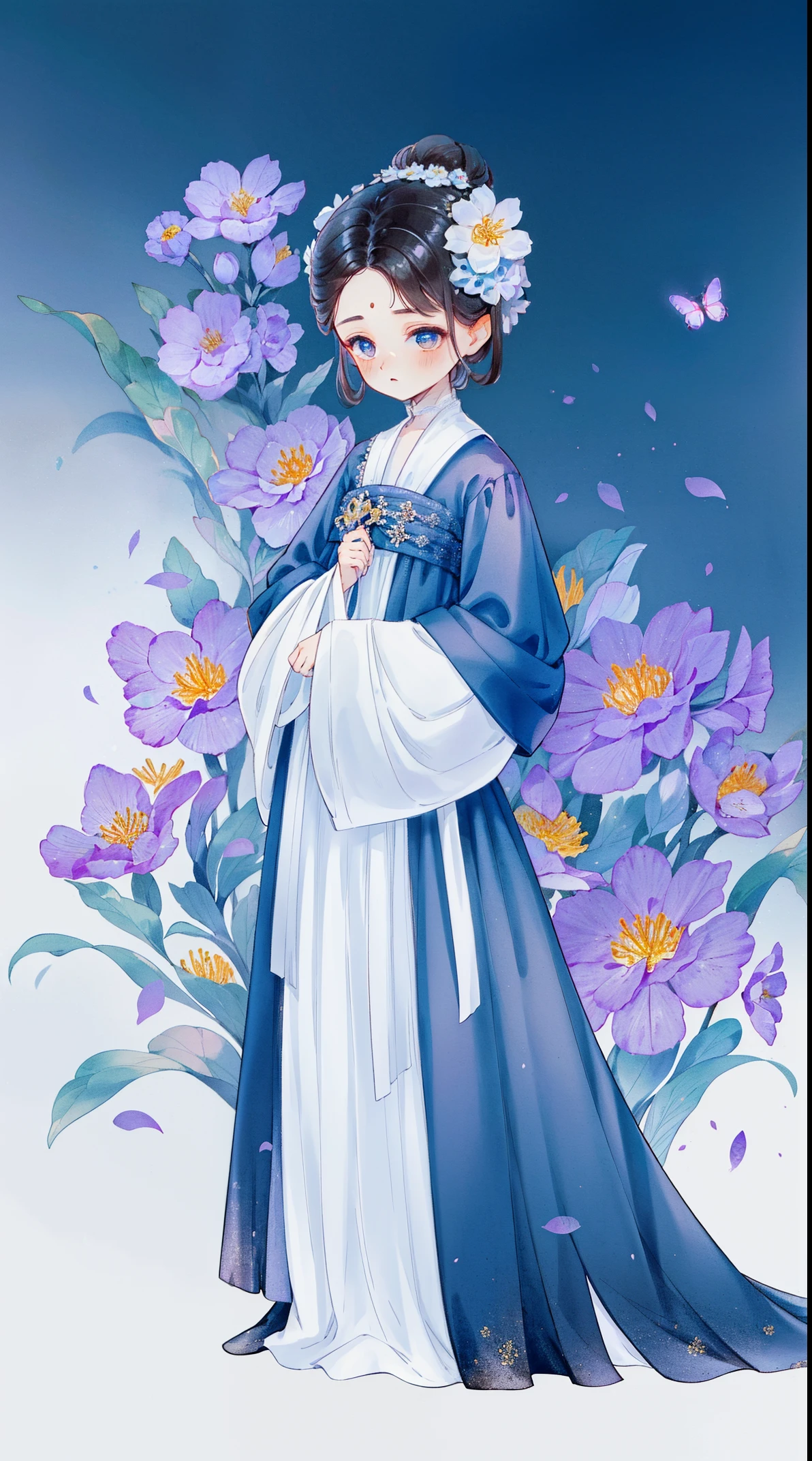 1 Sister, Alone, looking at viewert, face flushed, Background with, black hair color hair, hair adornments, longer sleeves, white backgrounid, everlasting, Full body lesbian, flowers blooming, hairflower, hair-bun, butterflys, tmasterpiece, recent quality, The finest details, Clear facial features, beautidful eyes