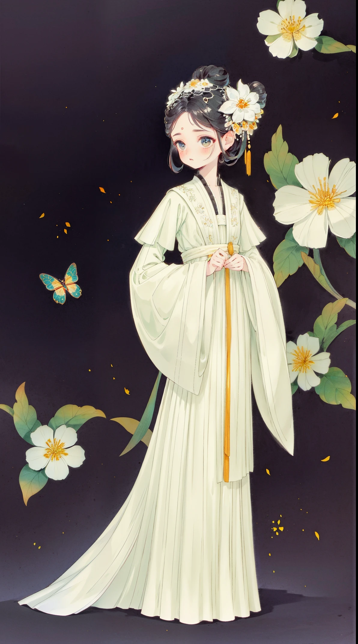 1 Sister, Alone, looking at viewert, face flushed, Background with, black hair color hair, hair adornments, longer sleeves, white backgrounid, everlasting, Full body lesbian, flowers blooming, hairflower, hair-bun, butterflys, tmasterpiece, recent quality, The finest details, Clear facial features, beautidful eyes