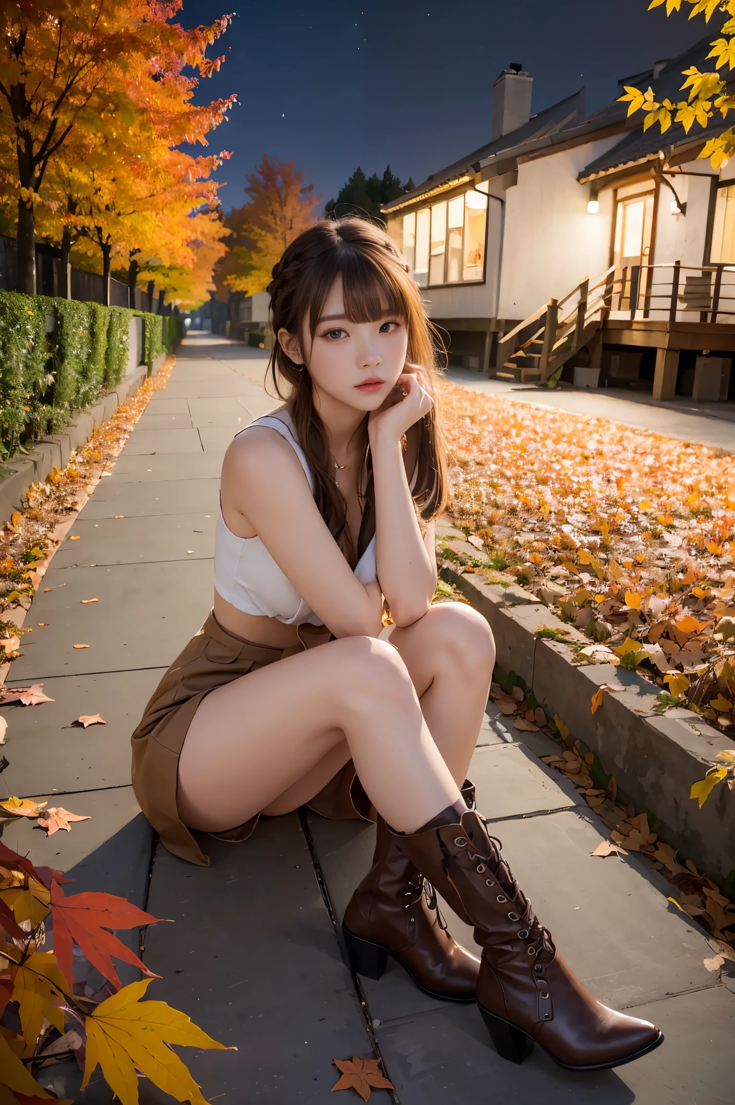 8K分辨率, Ultra-high-definition CG images, Autumn leaves at night🍁, Moonlight, Long Focus, 1girl in, 20yr old, detailed beautiful faces, (bangs braid, bronze:1.4), (stop hair:1.4), (Autumn coordination), a miniskirt, long boots, variation color, Pointed chest, Beautiful chest line, Pendants, Detailed beautiful eyes, bright red autumn leaves, Maple tunnel, depth of fields, absurderes, 24K Graphic Arts, Carefully drawn background, Composition with depth,