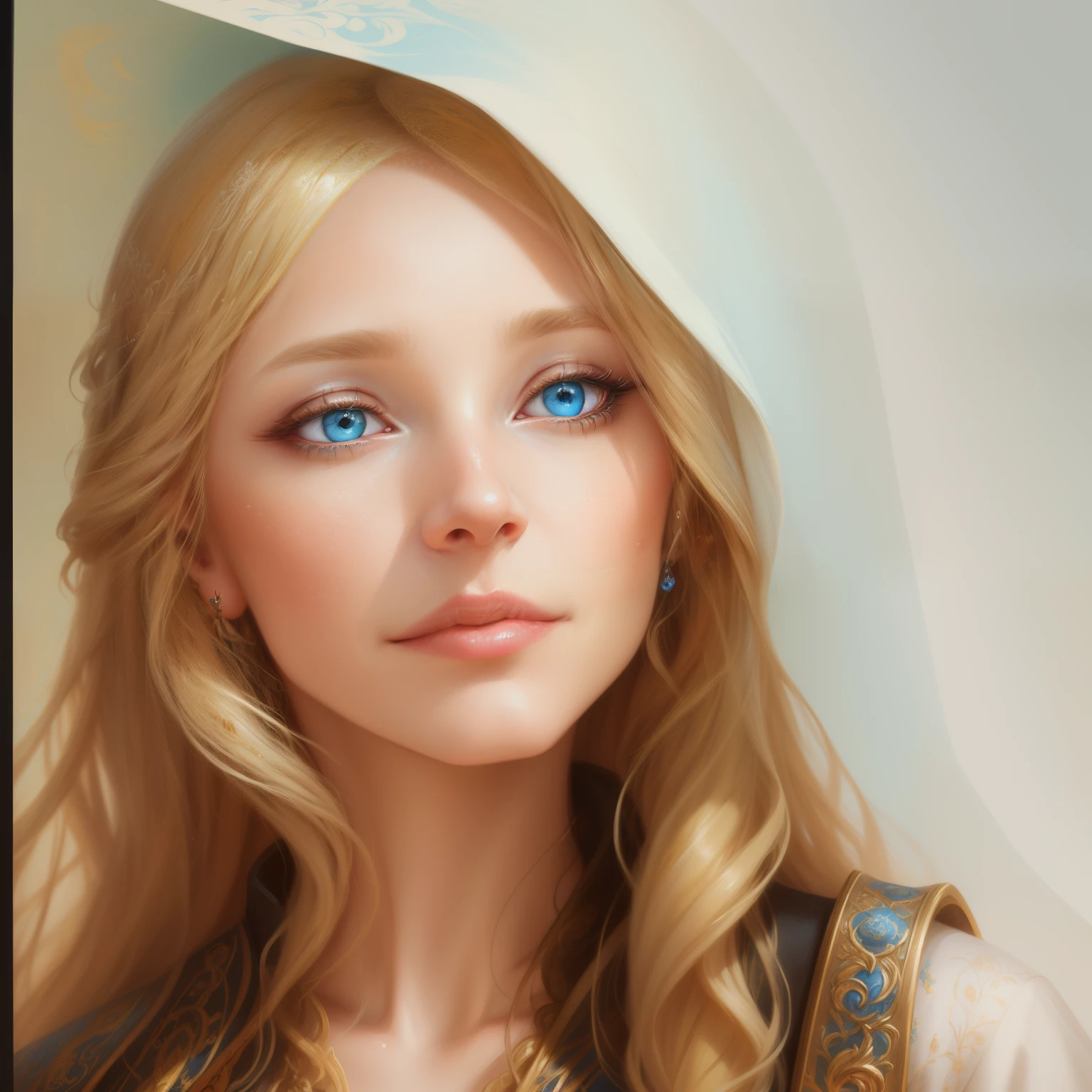 Painting of a woman with long blonde hair and blue eyes, Detailed matte fantasy portrait, beautiful fantasy portrait, beautiful fantasy art portrait, gorgeous digital painting, fantasy art portrait, beautiful digital painting, beautiful digital illustration, fantasy portrait, Detailed beautiful portrait, realistic cute girl painting, beautiful character painting, digital fantasy portrait, in the art style of bowater, beautiful digital artwork