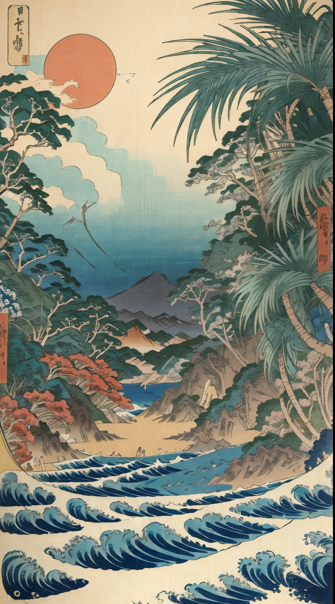 ukiyoe painting、Katsushika Hokusai、Beach party in the tropics、Tropical Vibes、suns、Mare、Palm trees、