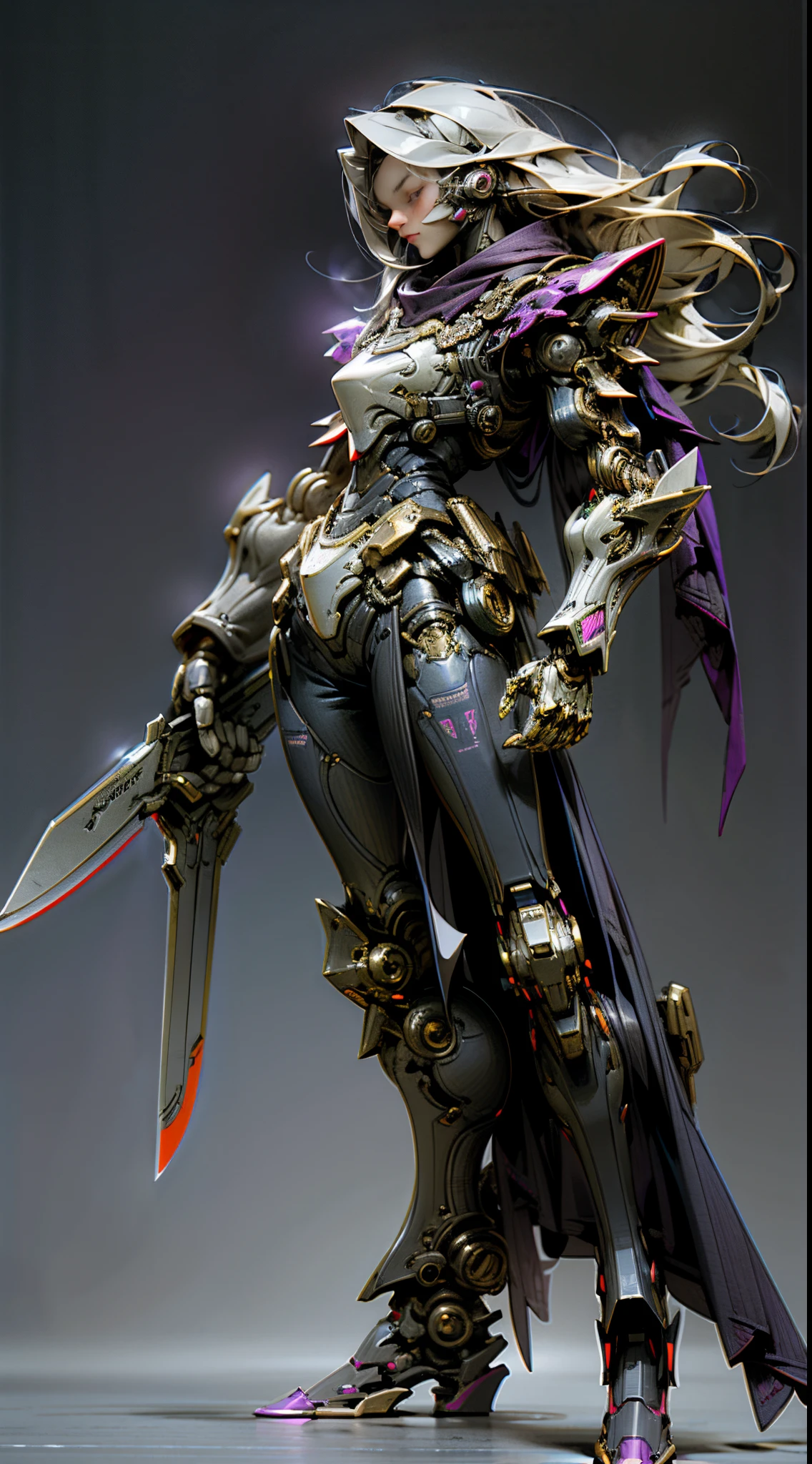 Dark_Fantasy, cyberpunk, (knife, dark purple: 1.1), 1 person, mechanical marvel, robot existence, cybernetics guardian, full body, armored dress, gray hair, long hair,
