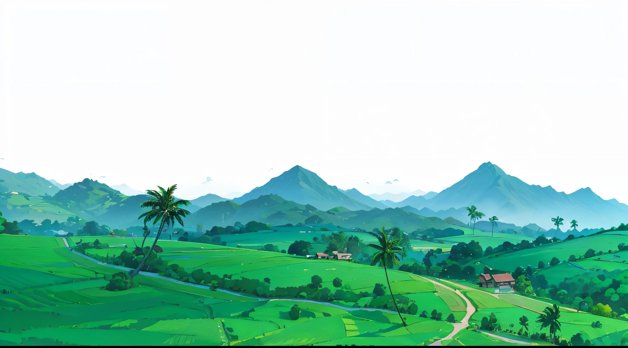 landscape, countryside, valley, ricefield, mountain, hills, trees, palm trees, houses country road,
