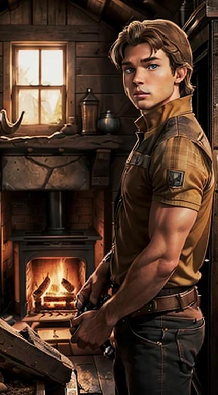 ((solo, three-quarters perspective, young , brown hair, blue eyes, male, masculine, athletic build,)) searching fireplace of a cabin