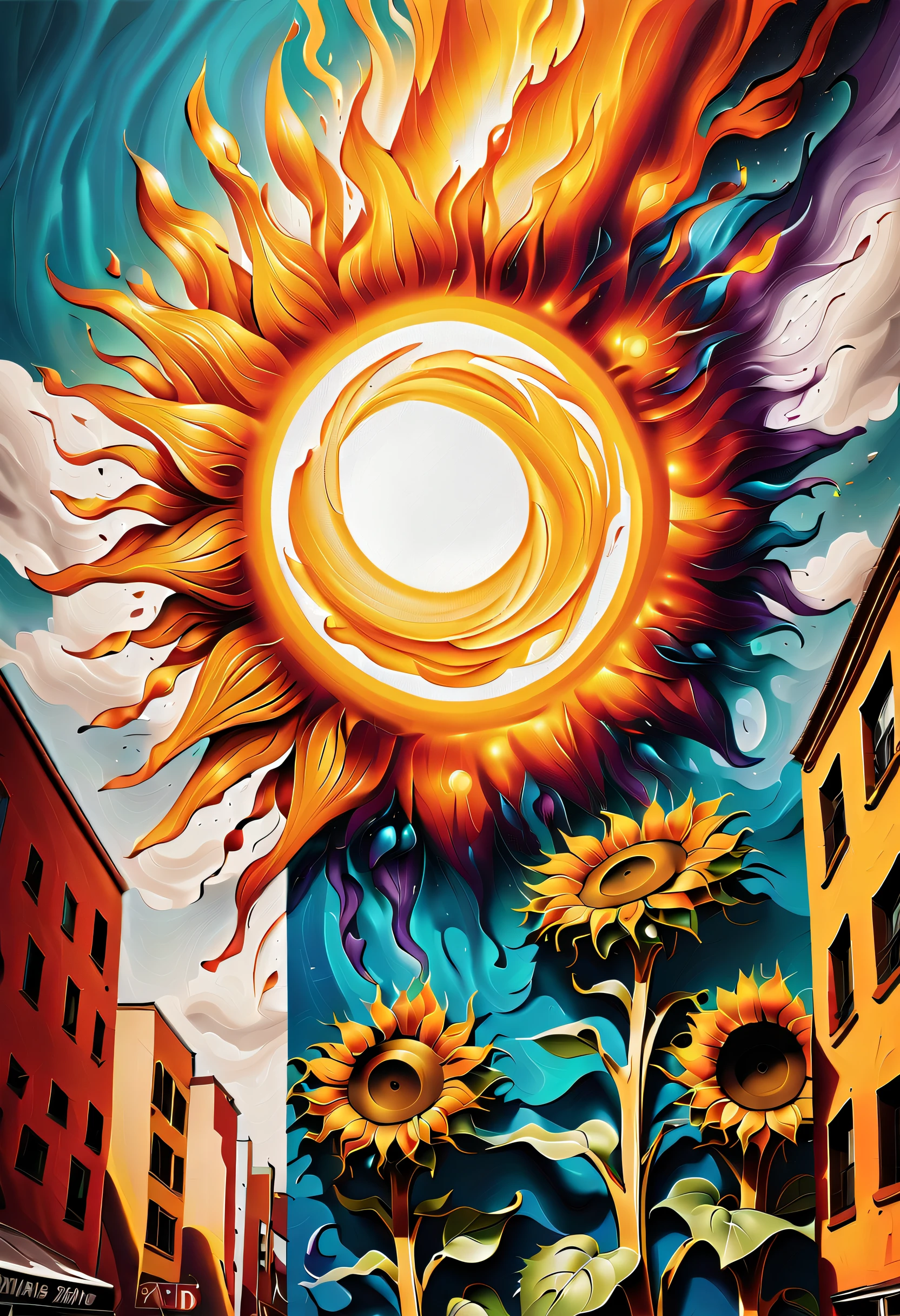 Cinematic Angle, Very fine detail, aerosol paint, street graffiti art, Sun, sunflowers, violent explosion stroke background, bright violent swirl, Colorful beauty grunge coating, High quality, stunning colorful rendering, amazing high resolution, hightquality, Highest Quality, Best Quality, of the highest quality, intricate detailes,