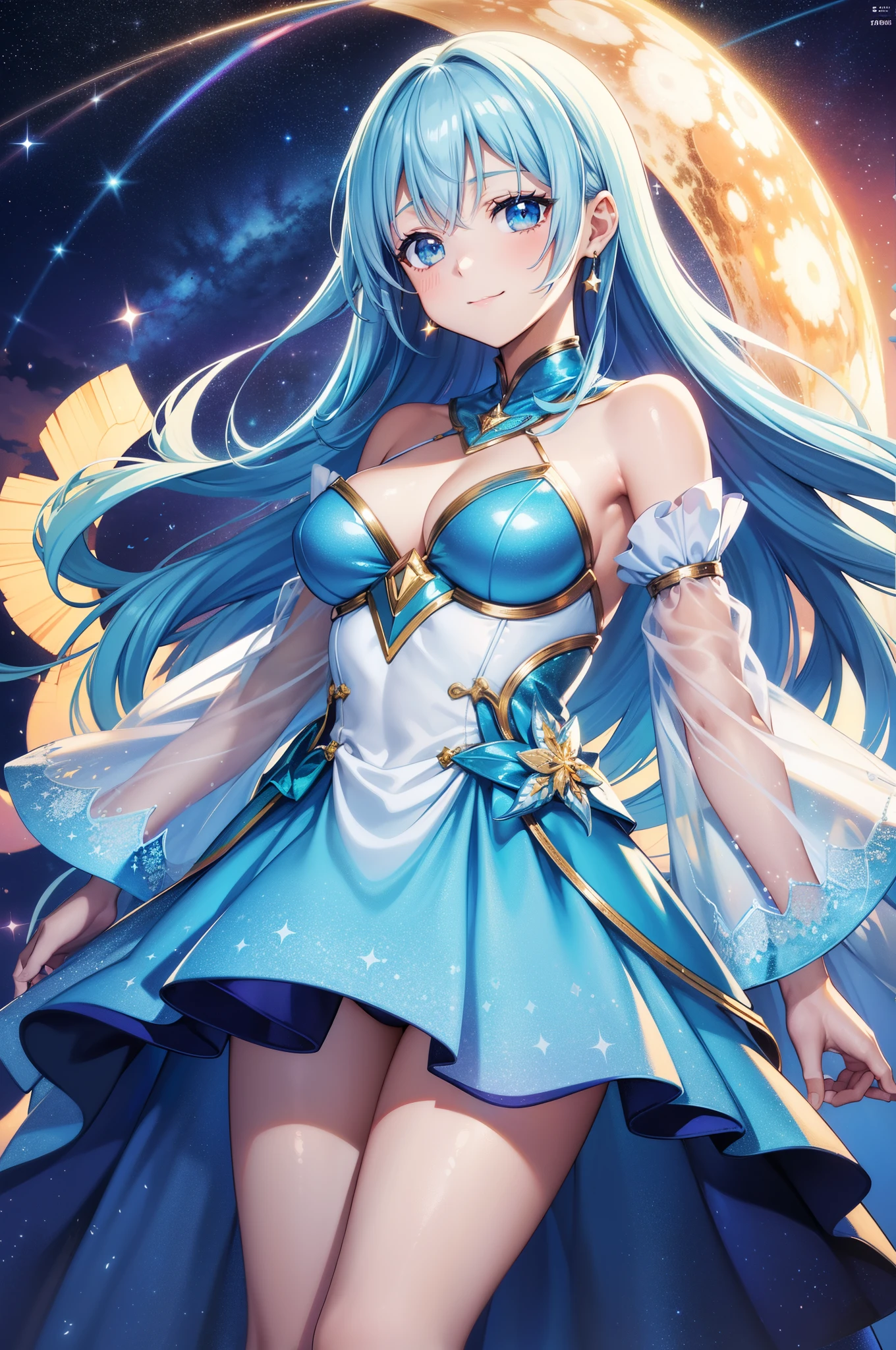 {{{masutepiece}}}, {{best qualtiy, An ultra-fine illustrations, beautifulanddelicatewater}}, {{very delicate light}}, {{Nature, Painting}}, {{Fine Lighting, More transparent stars, Very fine 8K PCG wallpaper}}, (plateau), Sunrise, randomly distributed clouds, cliff, ((Rotating starry sky)), Beautiful girl with long light blue hair with luminous particles、Twin-tailed、adorable smiling、facing front、Super Gloss Metallic Coral Rainbow Transparent Holographic Suit:1.2),iridescent costume