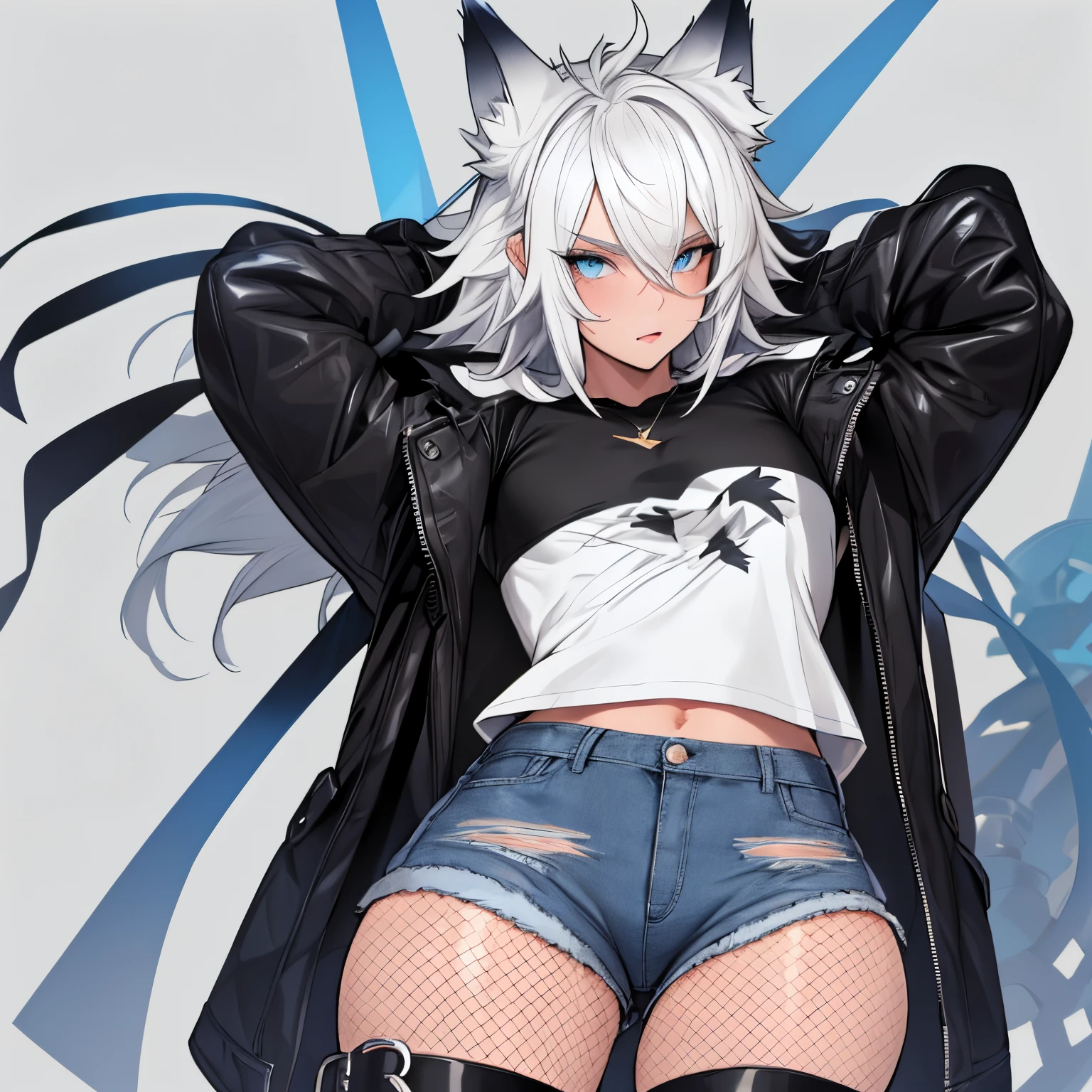 Single boy, Anime Femboy, Short, Long white hair, wolf ears, wolf tail, blue eyes, wearing short denim shorts, thigh high fishnets, black combat boots, wearing fur lined open jacket, flat chest, super flat chest, wearing cropped t-shirt, solo femboy, only one femboy ((FLAT CHEST)) solo, alone, (SOLO)(ALONE) thicc thighs, wide hips, blue eyes, perfect eyes, perfect face, pouty lips, happy, curvy, sparkly blue eyes