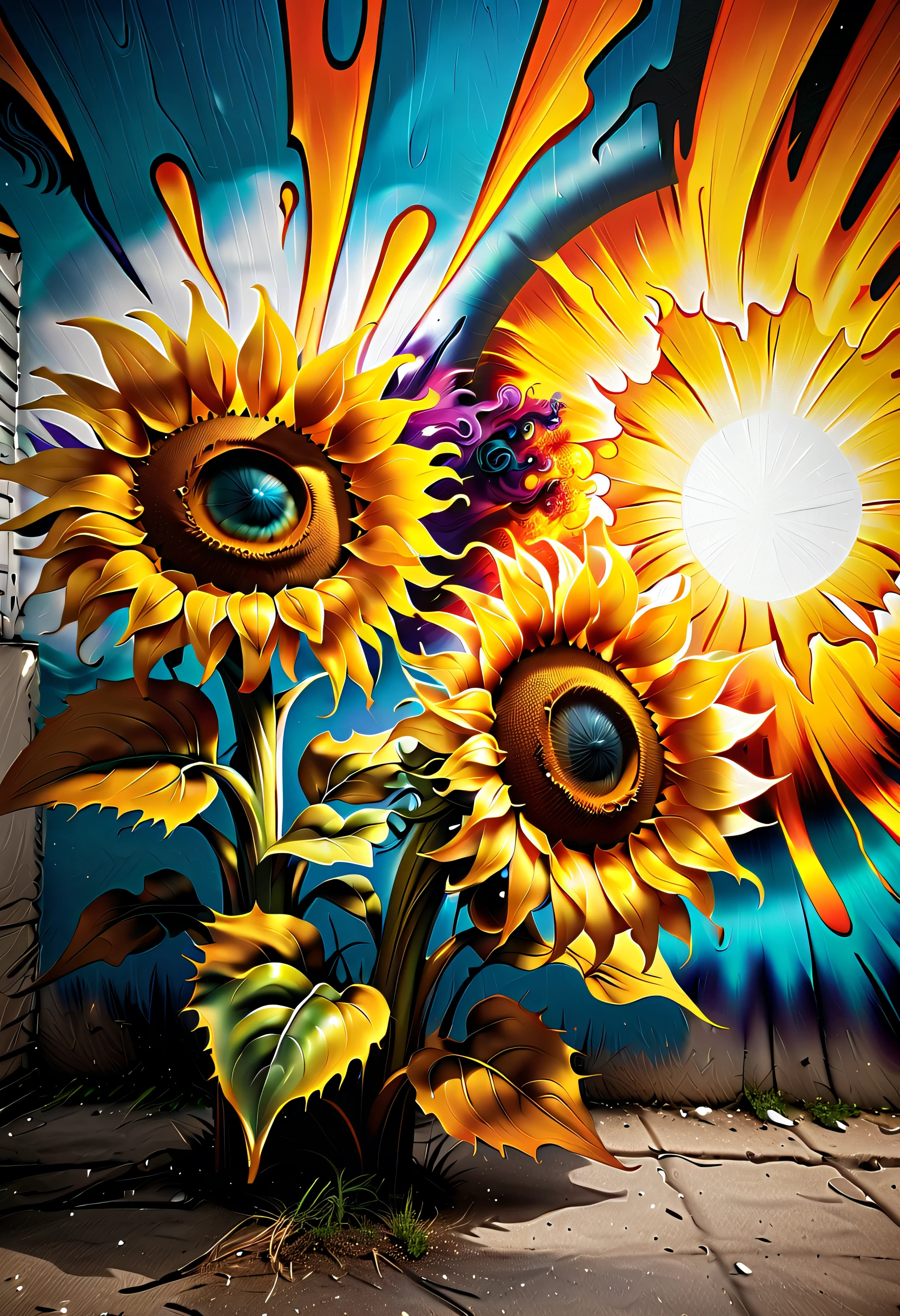 Cinematic Angle, Very fine detail, aerosol paint, street graffiti art, Sun, sunflowers, violent explosion stroke background, bright violent swirl, Colorful beauty grunge coating, High quality, stunning colorful rendering, amazing high resolution, hightquality, Highest Quality, Best Quality, of the highest quality, intricate detailes,