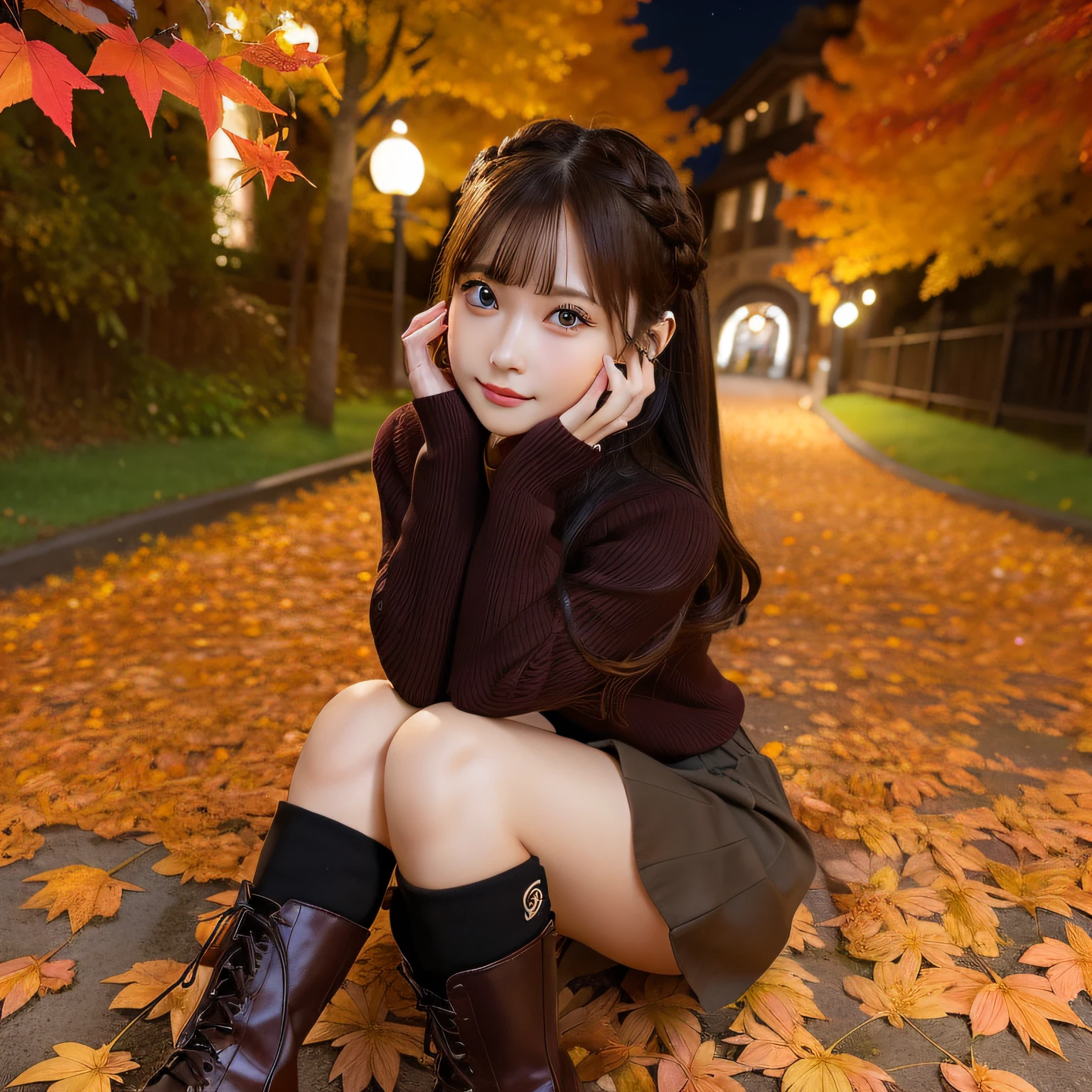 8K分辨率, Ultra-high-definition CG images, Autumn leaves at night, Moonlight, full body Esbian、Long Focus, 1girl in, 20yr old, Detailed beautiful face,vibrant eyes,Braids, bronze:1.4), (Autumn coordination), a miniskirt, long boots, variation color, pointed chest, peitos fartos、Detailed beautiful eyes, Bright red autumn leaves, Maple tunnel, Posing、gravure、 Composition with depth,