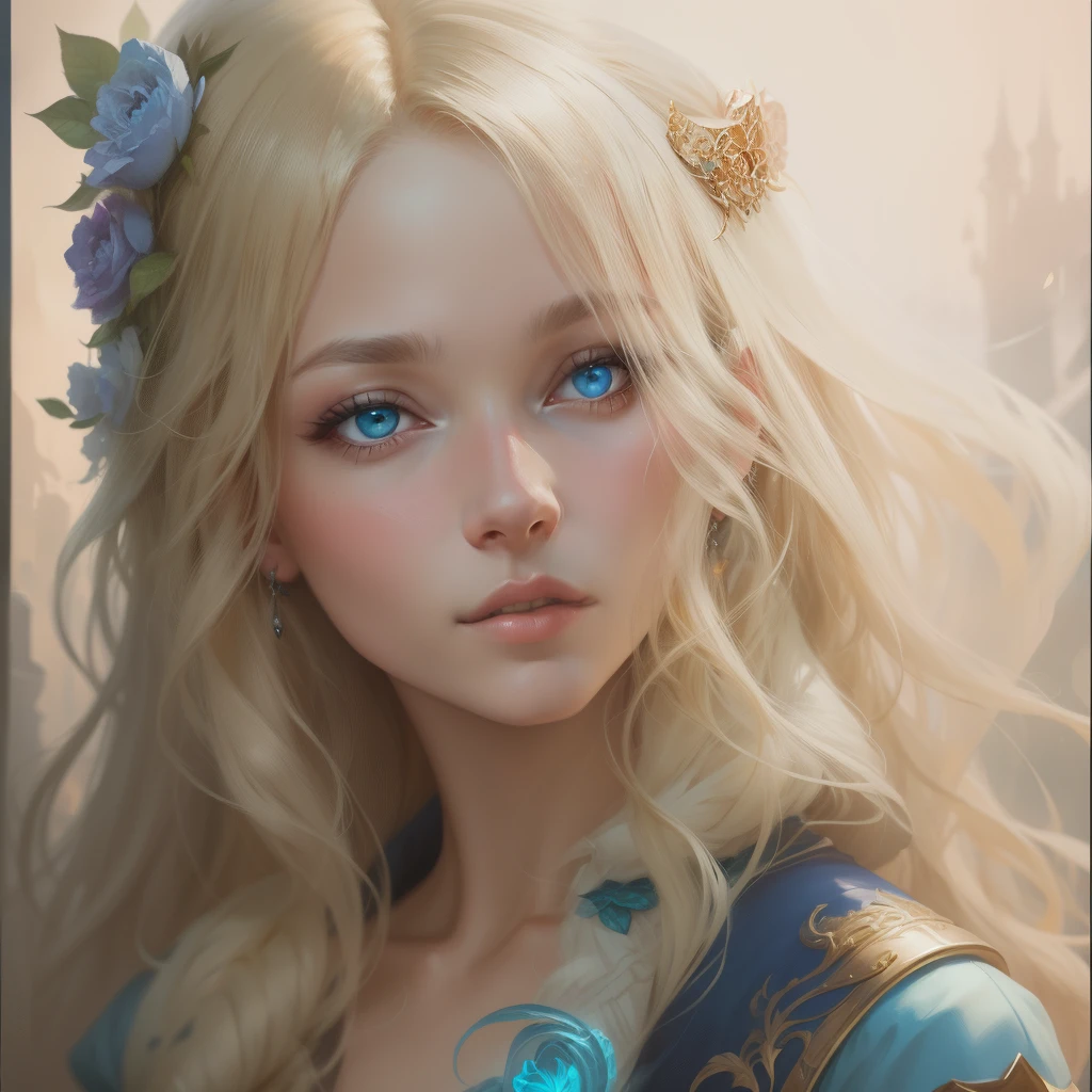 Painting of a woman with long blonde hair and blue eyes, Detailed matte fantasy portrait, beautiful fantasy portrait, beautiful fantasy art portrait, gorgeous digital painting, fantasy art portrait, beautiful digital painting, beautiful digital illustration, fantasy portrait, Detailed beautiful portrait, realistic cute girl painting, beautiful character painting, digital fantasy portrait, in the art style of bowater, beautiful digital artwork