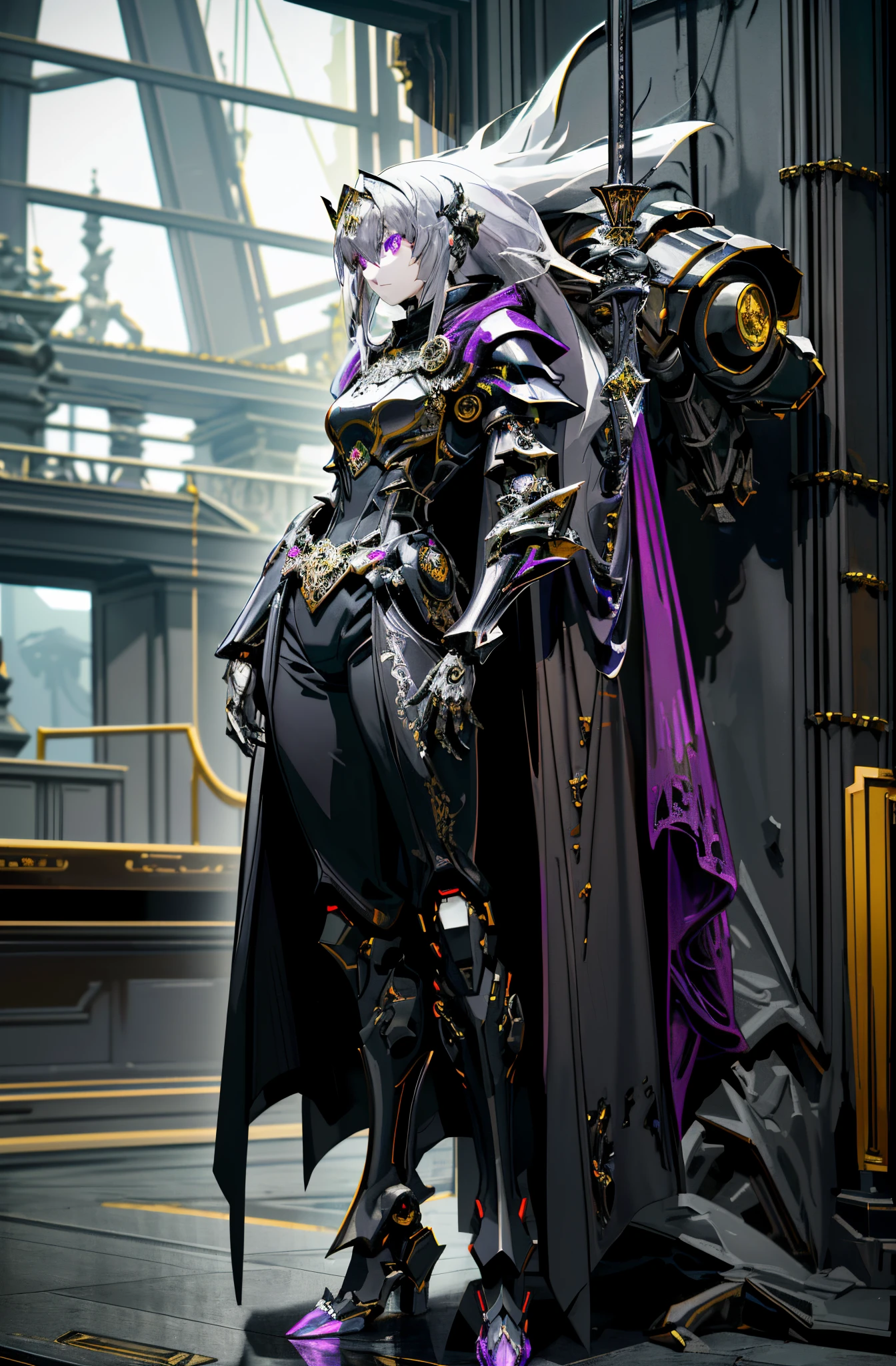 Dark_Fantasy, cyber punk perssonage, (Black-purple: 1.1), 1 personechanical Wonder, Robotic presence, cybernetic guardianull bodyesbian, Armored dress, greyt hair, long whitr hair,masks,China-style,shawl,black long dress,glowing eyes, purple eyes, expressionless, Surrealism, drop shadow, stereogram, tachi-e, chiaroscuro, 8k, super detail, ccurate, best quality,black long dress,shawl,Mechanical dolllack long boots,Stand in a dark church,composition、proportionate、foreground、中景 the scene iackground with、、llight rays、colours、textured、the detail、Beauty Feeliniracle。Quiet and eerie,high details, super detail,solo person,armored dress,dark fantacy,UHD, masterpiece, best quality,Royal sister,Stained glass,Nice and meticulous eyes,jellyfish,hand armor