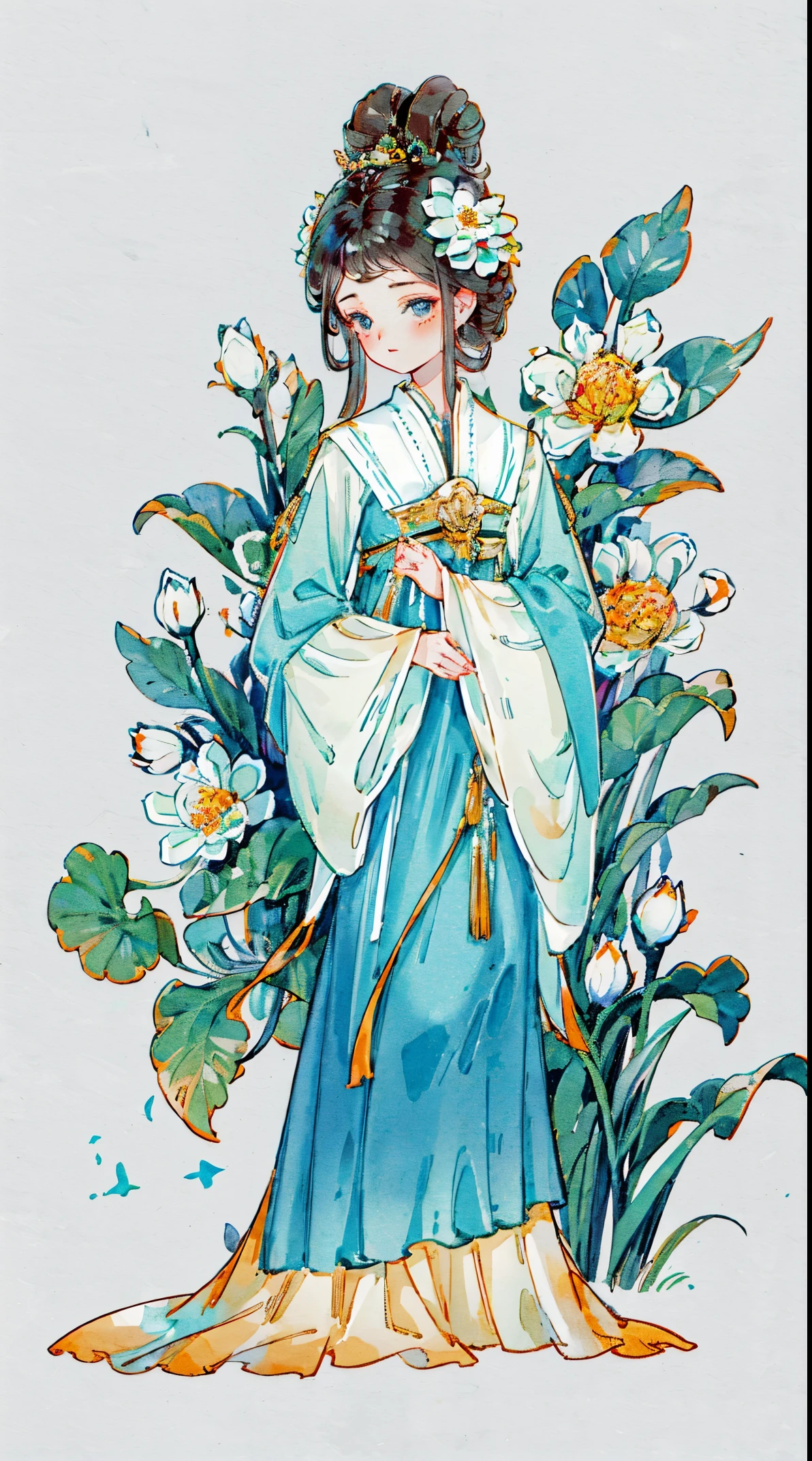 1 Sister, Alone, looking at viewert, face flushed, Background with, black hair color hair, hair adornments, longer sleeves, white backgrounid, everlasting, Full body lesbian, flowers blooming, hairflower, hair-bun, butterflys, tmasterpiece, recent quality, The finest details, Clear facial features, beautidful eyes
