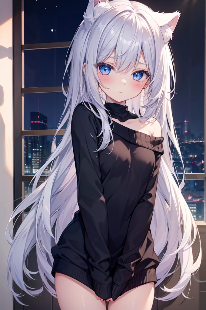 best quality, ultra precision, 1girl, cute, , young, boyish, childish, sbreasts, silver hair, cat ears, blue eyes, beautiful eyes, girl, ecstasy, sailor collar, estrus, metestrus, start to undress, naughty mood, she loves you, lost virgin, virgin, blush, beutiful skin big bow on chest I'm not wearing panties BLUE SWEATER, BLACK SHIRT, SHIRT UNDER SWEATER, OFF SHOULDER TOP)