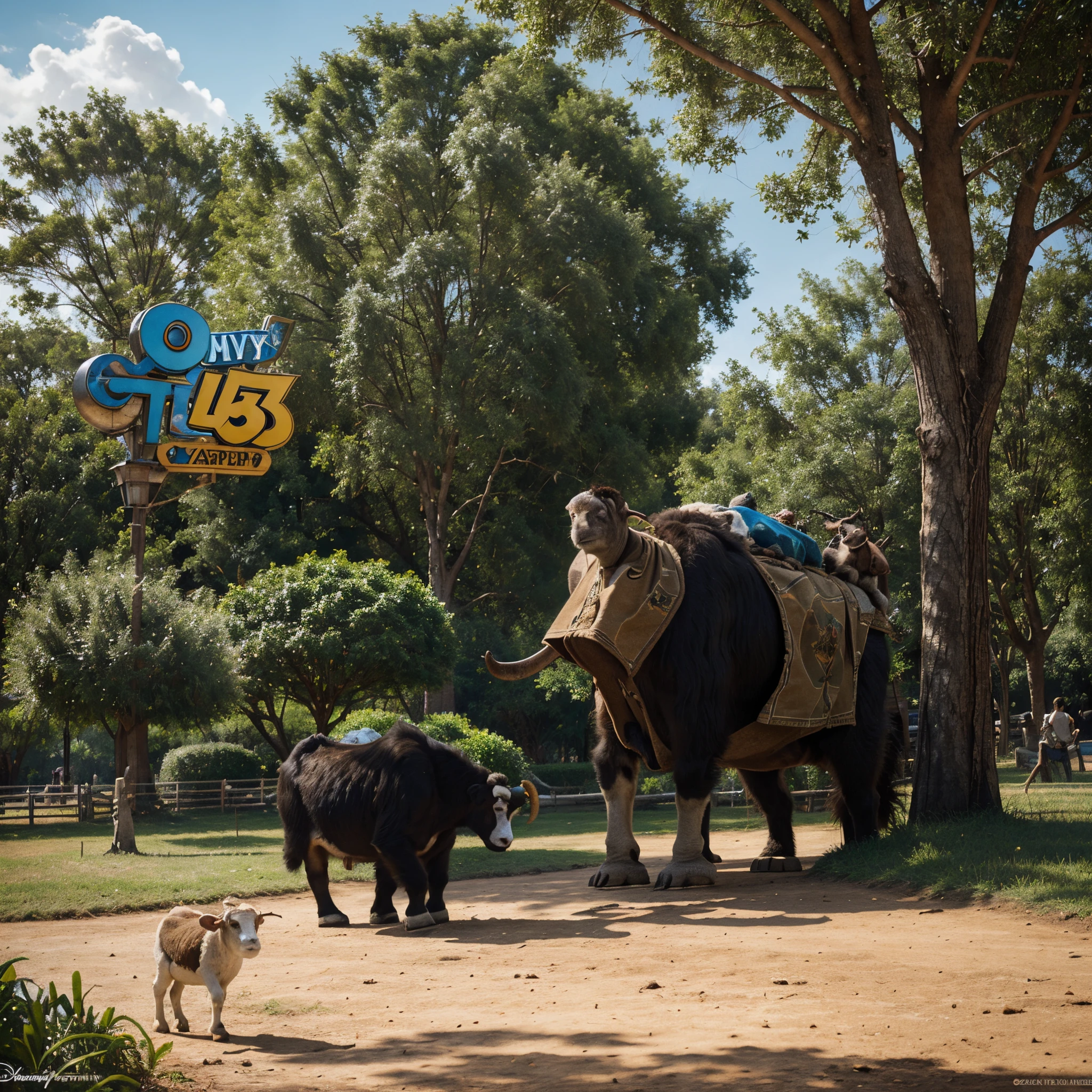 Disney Pixar poster A group of animals including sheep, gorillas, turtles, fish, goats and cows are playing together in a park