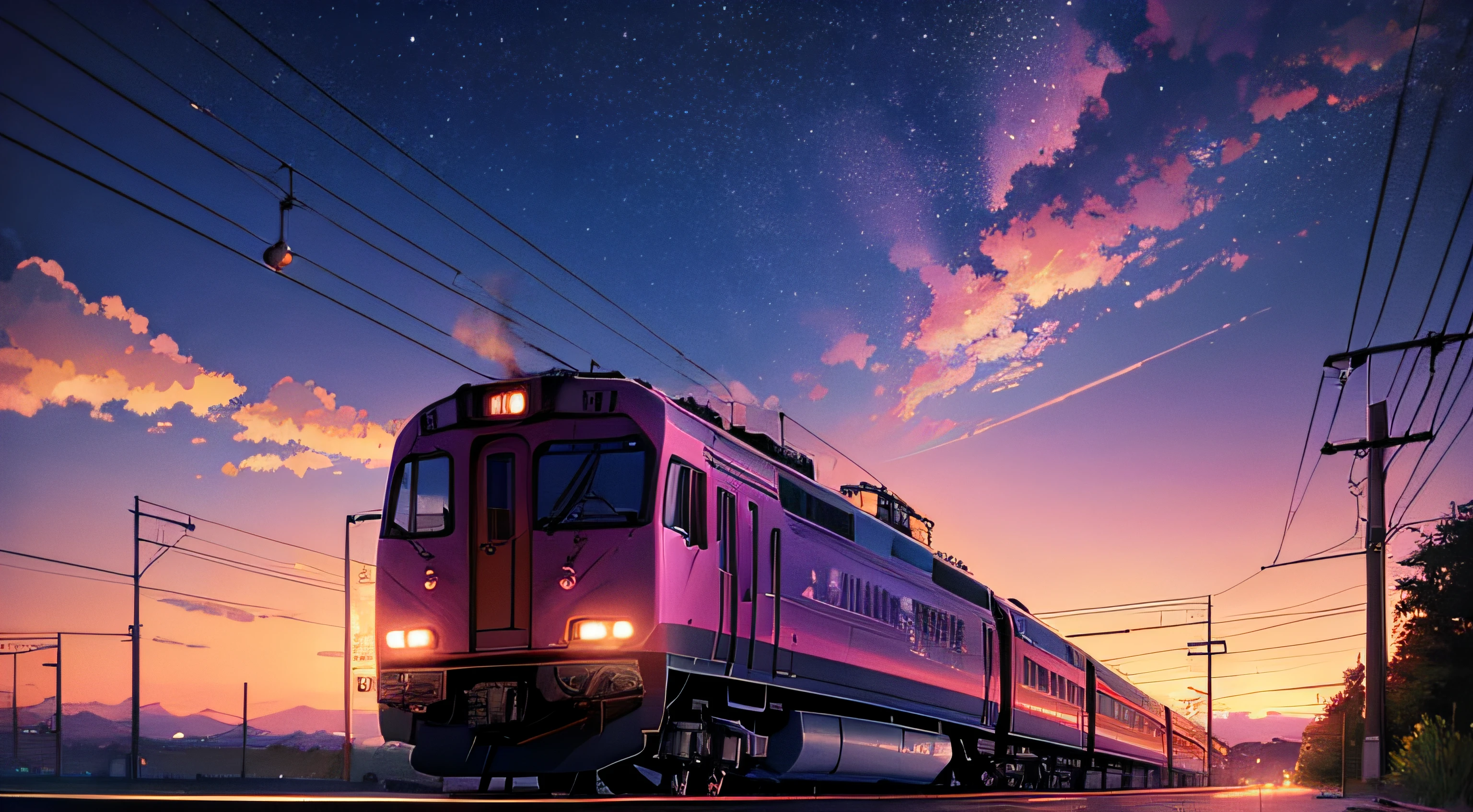 anime scene of a train passing under a pink and purple sky, an anime drawing by Makoto Shinkai, trending on pixiv, magical realism, beautiful anime scene, cosmic skies. by makoto shinkai, ( ( makoto shinkai ) ), by makoto shinkai, anime background art, style of makoto shinkai