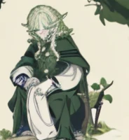 Detailed man with pale skin,Medium Hair, Druid, half-elf ,Dressed as a druid,illustartion,Realistic,Harmonious colours,natural lighting, Green clothes, white colored hair, curly hair, Sits