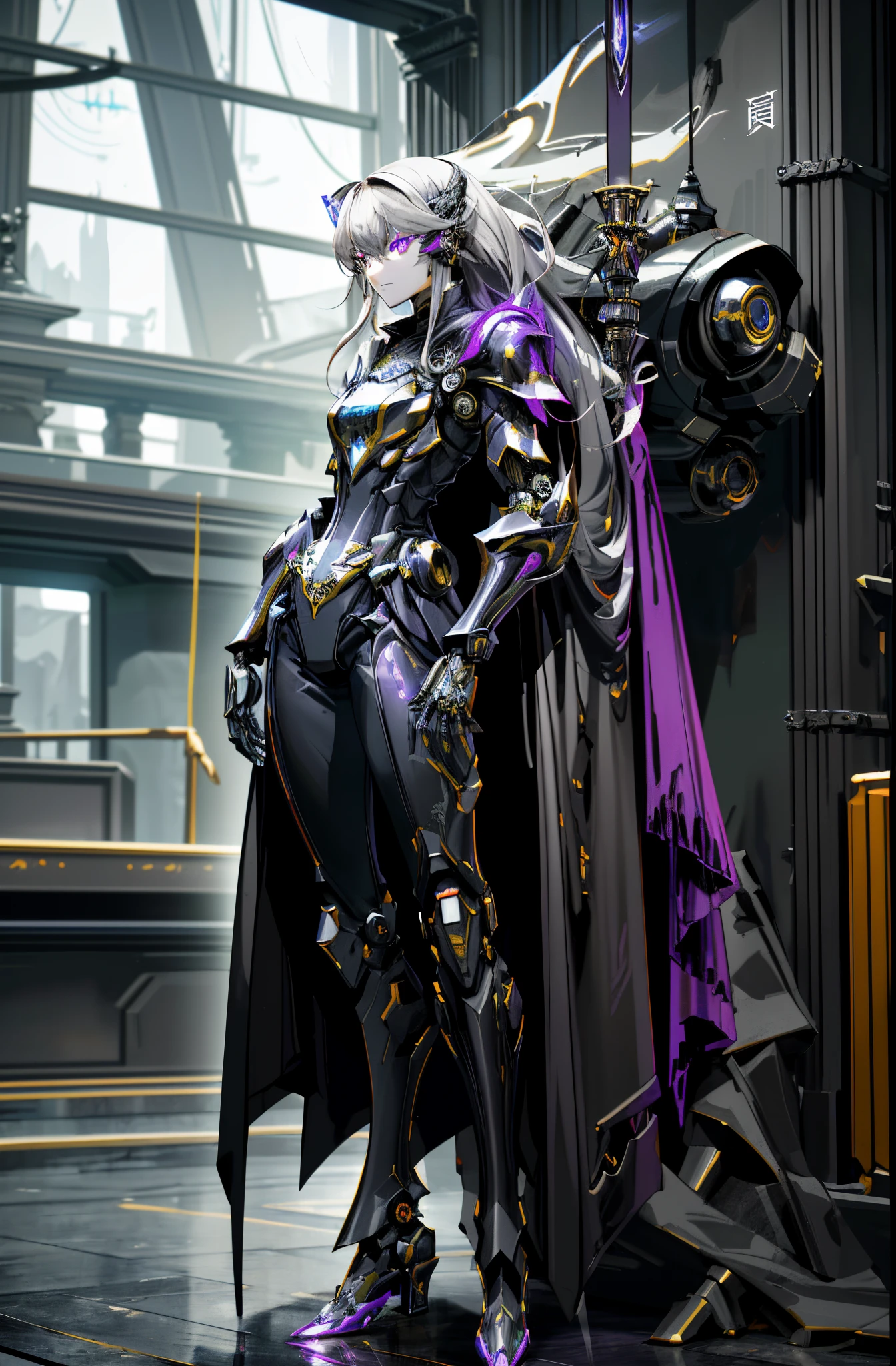 Dark_fanciful， cyber punk personage， （Black-purple： 1.1）， 1 personal mechanical marvel， Robotic presence， cybernetic guardian body esbian， Armor dress， whaite hair， Long gray hair，masks，Chinese style，shawl，black long dress，glowing light eyes, a purple eye, face expressionless, hyper realisitc, shadowing, stereograms, Standing painting, lightand shade contrast, 8K, super detailing, acurate, Best quality at best，black long dress，shawl，Mechanical doll boots，Standing in a dark church，artworks、proportionate、foreground、mid shot scene background、、llight rays、colours、textured、the detail、Aesthetic miracle。Quiet and eerie，high detal, super detailing，the only person，Armor dress,dark fantacy,hyper HD, tmasterpiece, Best quality at best,Imperial sister，colored glass，Eyes are beautiful and delicate，jellyfish，hand armor
