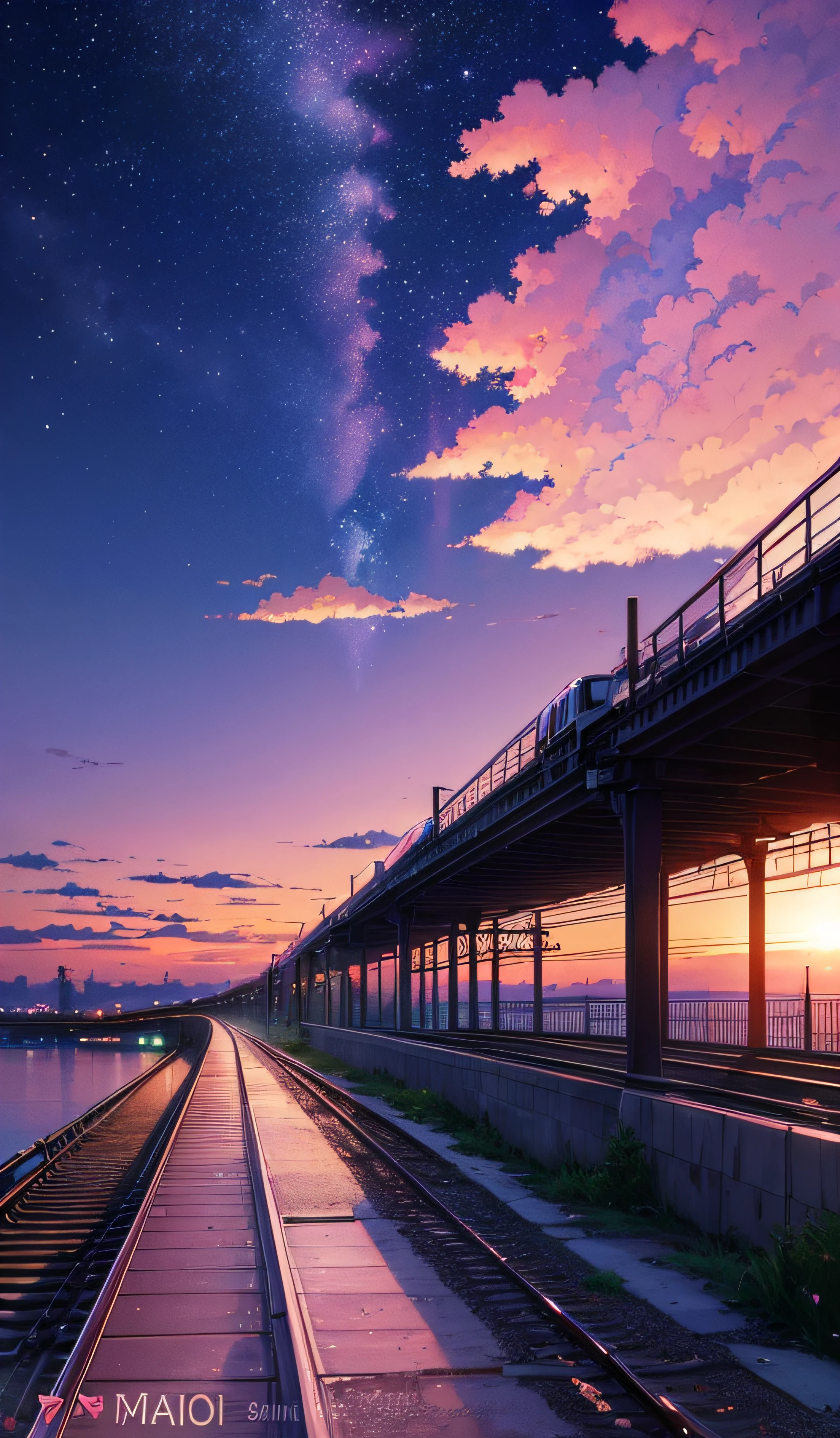 anime scene of a train passing under a pink and purple sky, an anime drawing by Makoto Shinkai, trending on pixiv, magical realism, beautiful anime scene, cosmic skies. by makoto shinkai, ( ( makoto shinkai ) ), by makoto shinkai, anime background art, style of makoto shinkai