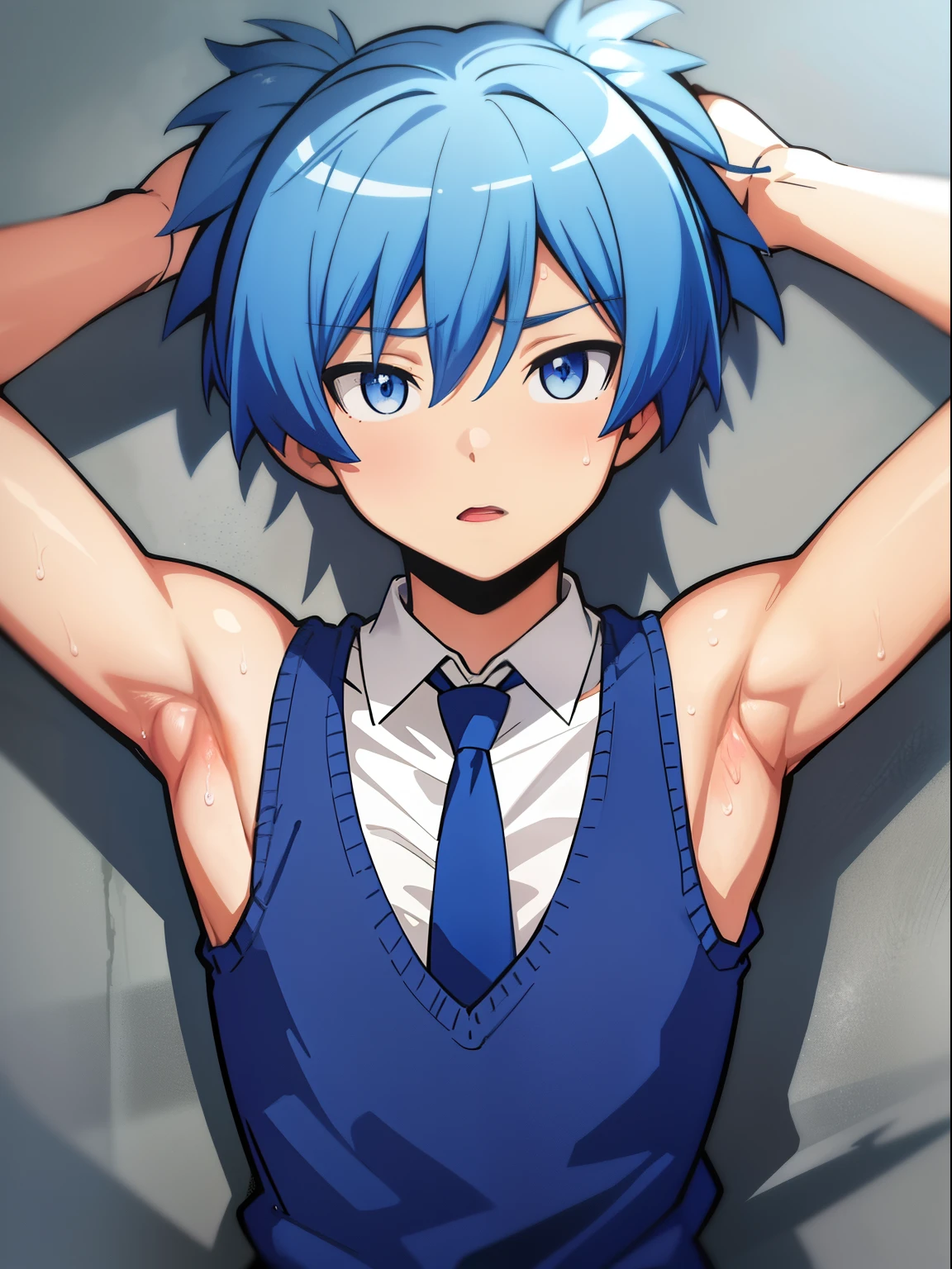 masterpiece, best quality, high quality, 1boy, solo, male focus, looking at viewer, upper body, shiota_nagisa, blue hair, blue eyes, Tank top, (Showing armpit), sweat, necktie, vest, short twintails