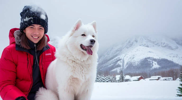 There is a man and a dog in the snow，Snowball in hand, In the snowy mountains, samoyed dog, in the snow, sitting cutely on a mountain, only snow in the background, Only snow my background, blanketed in a mantle of snow, In the snow, With white fluffy fur, with dogs, onthe mountain, Sitting in the fluffy clouds, vacation photo