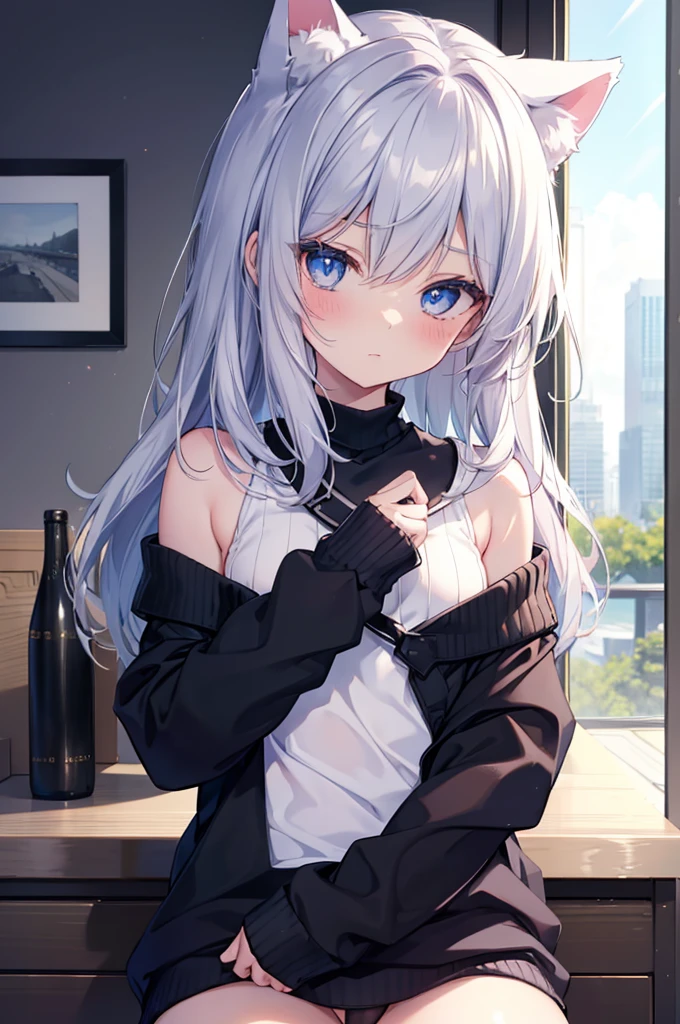 best quality, ultra precision, 1girl, cute, little girl, young, boyish, childish, small breasts, silver hair, cat ears, blue eyes, beautiful eyes, girl, ecstasy, sailor collar, estrus, metestrus, start to undress, naughty mood, she loves you, lost virgin, virgin, blush, beutiful skin big bow on chest I'm not wearing panties BLUE SWEATER, BLACK SHIRT, SHIRT UNDER SWEATER, OFF SHOULDER TOP)