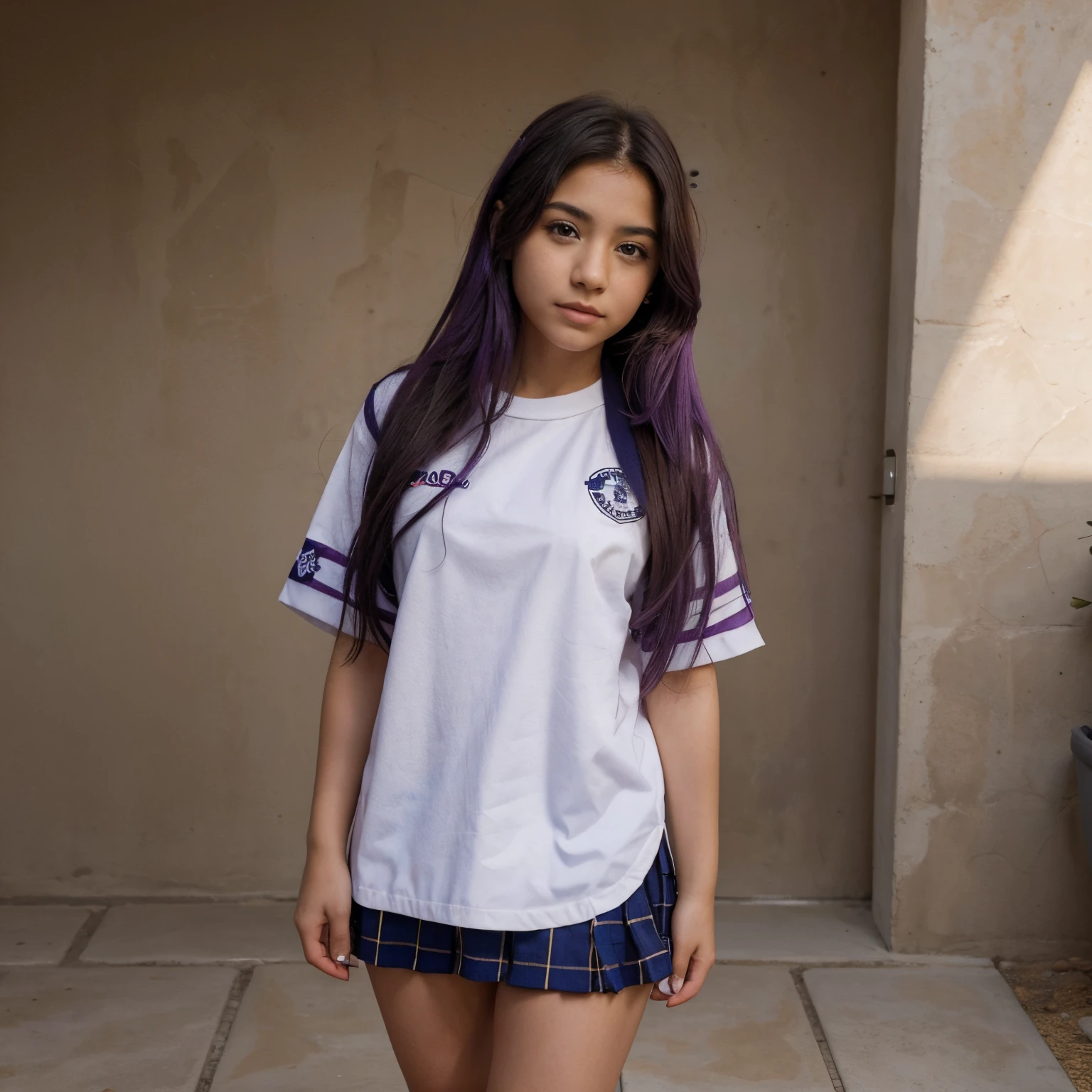 1 chica en、cabello violeta oscuro, peinado por ambos lados.、Ropa usar uniforme escolar.、camina por el patio de la escuela、Dibuja la cabeza desde la cintura.、Masterpieces and the highest quality