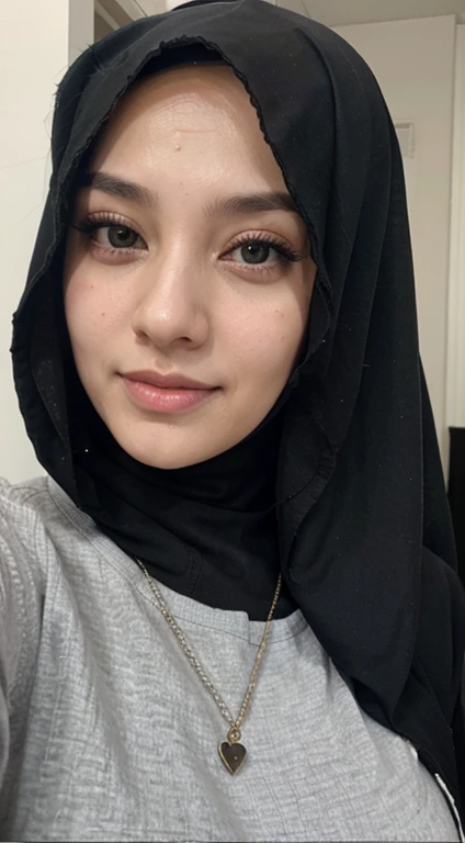 woman,((30 years old)), thin lips, black hijab, black shirt, beautiful face, white skin, soft smile