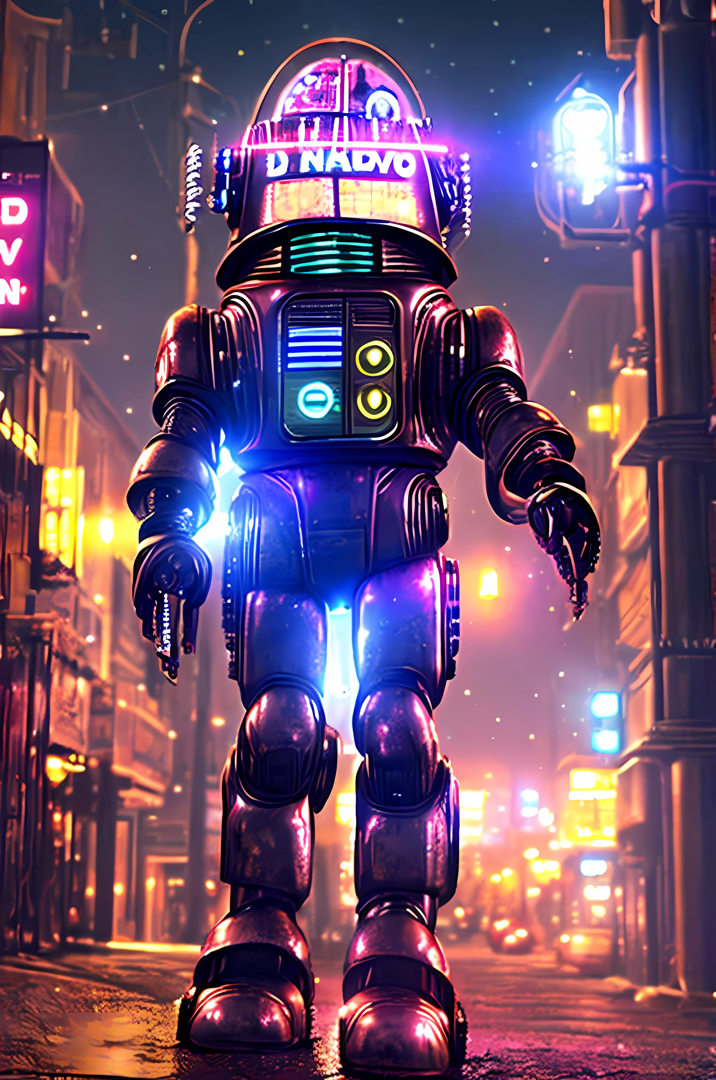 robby3  1robot a black robot in a cyberpunk dystopian alien city at night, neon, (cosmic), cinematic detailed, high quality, highres, 8k, high saturation