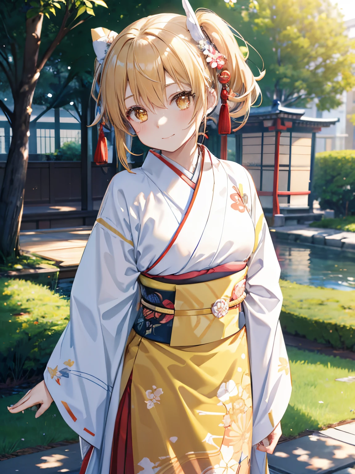 ultra-detailliert, hight resolution,​masterpiece、top-quality、silica、ighly detailed,Three-dimensional feeling、front-facing view, One side up, silica, blondehair, Twin-tailed, (Yellow eyes:1.3)a closed mouth, bow ribbon,arms on both sides、Taisho period in Japan、White color kimono、outside of hakama、a park、realisitic,1girl in、Beautiful flowers々Park in full bloom、absolute reference to center、A smile、White Hakama、kimono、standing on the grass、absolute reference to center