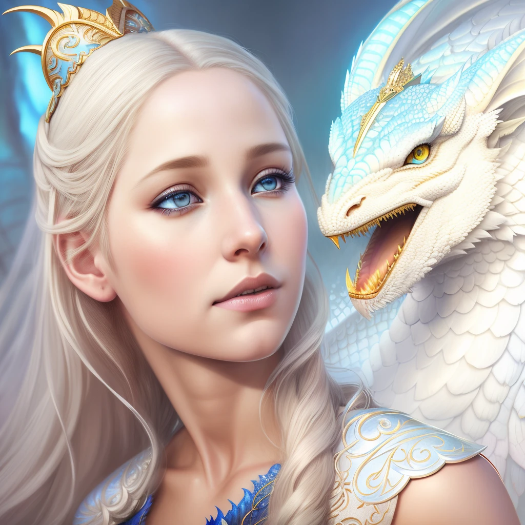 Arafed blue-eyed blonde woman with a dragon head and a white dress, the dragon girl portrait, graphic artist magali villeneuve, realistic fantasy illustration, fantasy art portrait, inspired by Magali Villeneuve, magali villeneuve', Portrait of a Dragon, hyperrealistic fantasy art, fantasy portrait art, Detailed matte fantasy portrait, fantasy portrait, beautiful fantasy art portrait, realistic fantasy artwork