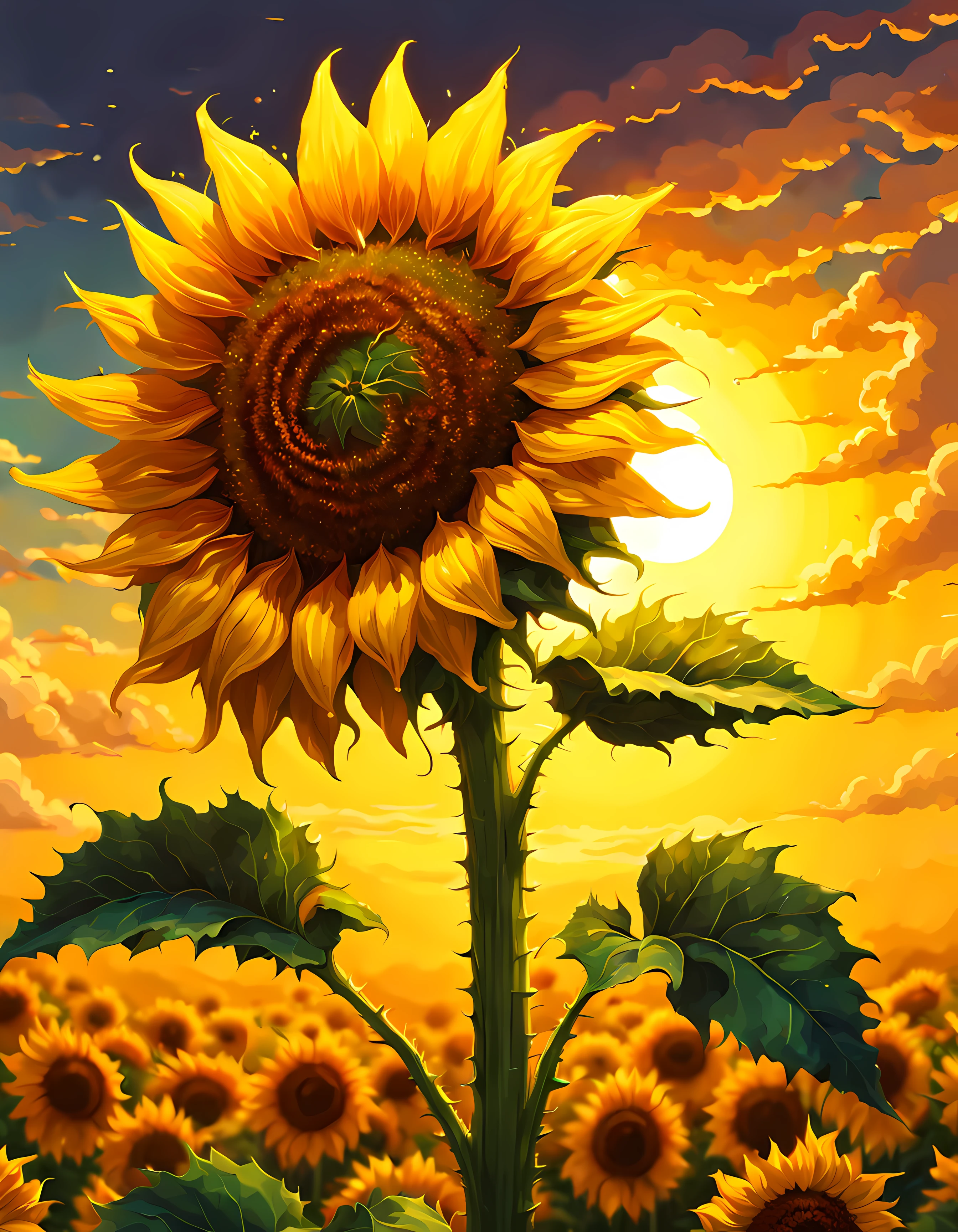 (pixel art:1.3), (close up:1.3), in the center stands a tall single magical sunflower, its vibrant yellow petals illuminated by the golden rays of the rising sun, a touch of magic infuses the air causing the sunflower to ((radiate an ethereal glow)), ((absorbing the energy)) and warmth of the sun itself, a sense of awe and wonder, the beauty and power of nature, ((romantic sky in the background)), More Detail