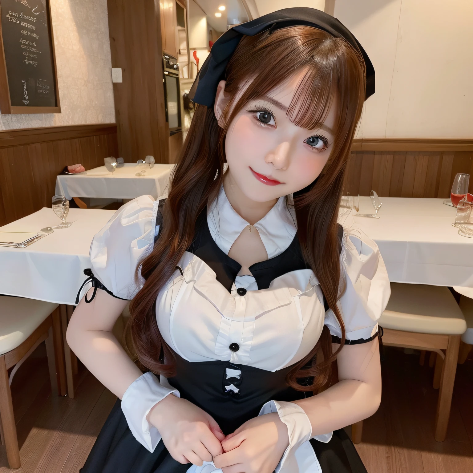 (Best Quality,4K,hight resolution,masutepiece:1.2),promo photo, The location is a restaurant by the sea..,1 girl in, 18-year-old face, waitresses, Red-headed twin-tailed, Gentle face, Gothic Lolita half costume and maid costume and strawberry image, Clothes based on white,
