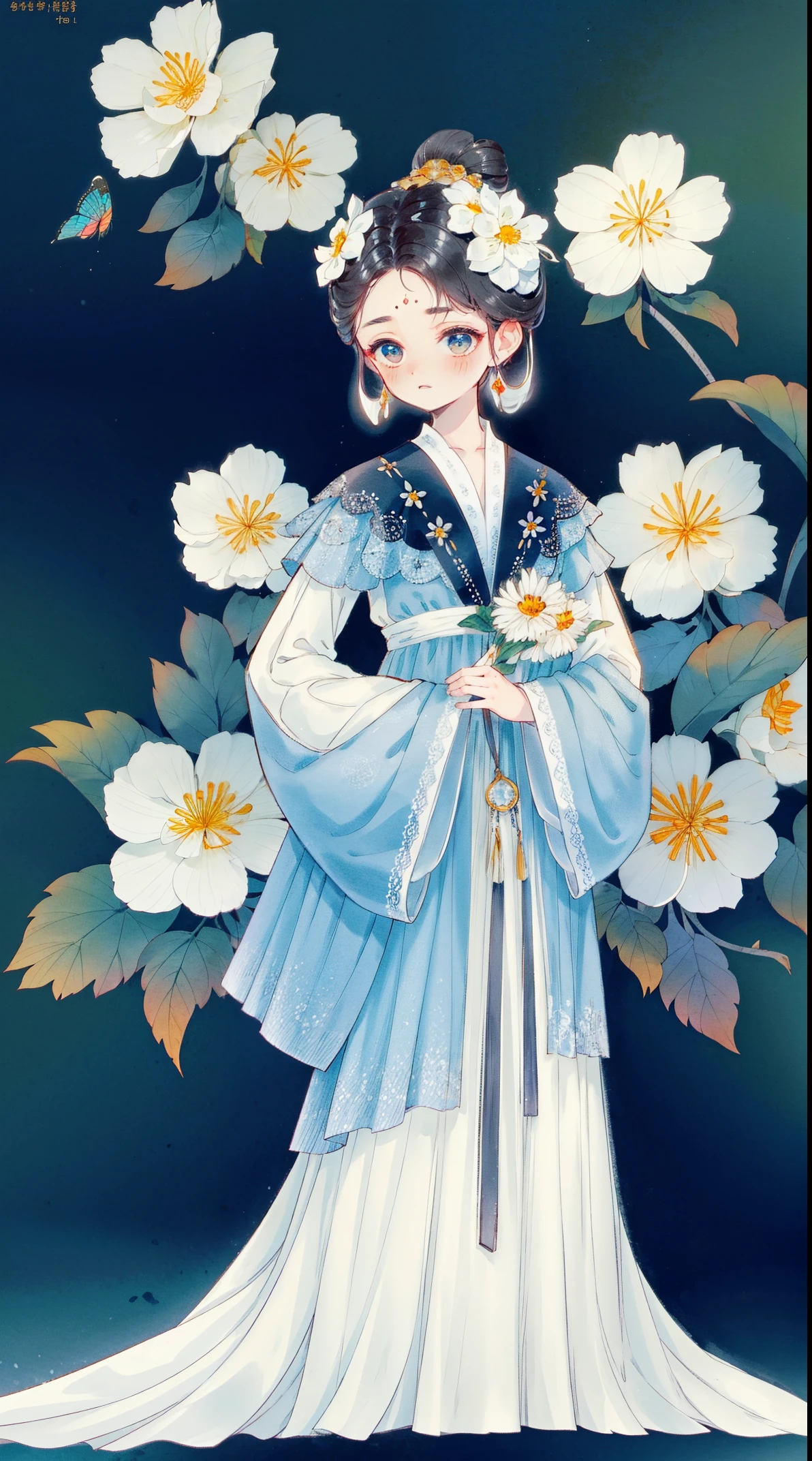 1 Sister, Alone, looking at viewert, face flushed, Background with, black hair color hair, hair adornments, longer sleeves, white backgrounid, Eternal, Full body lesbian, flowers blooming, hairflower, hair-bun, butterflys, tmasterpiece, recent quality, The finest details, Clear facial features, beautidful eyes