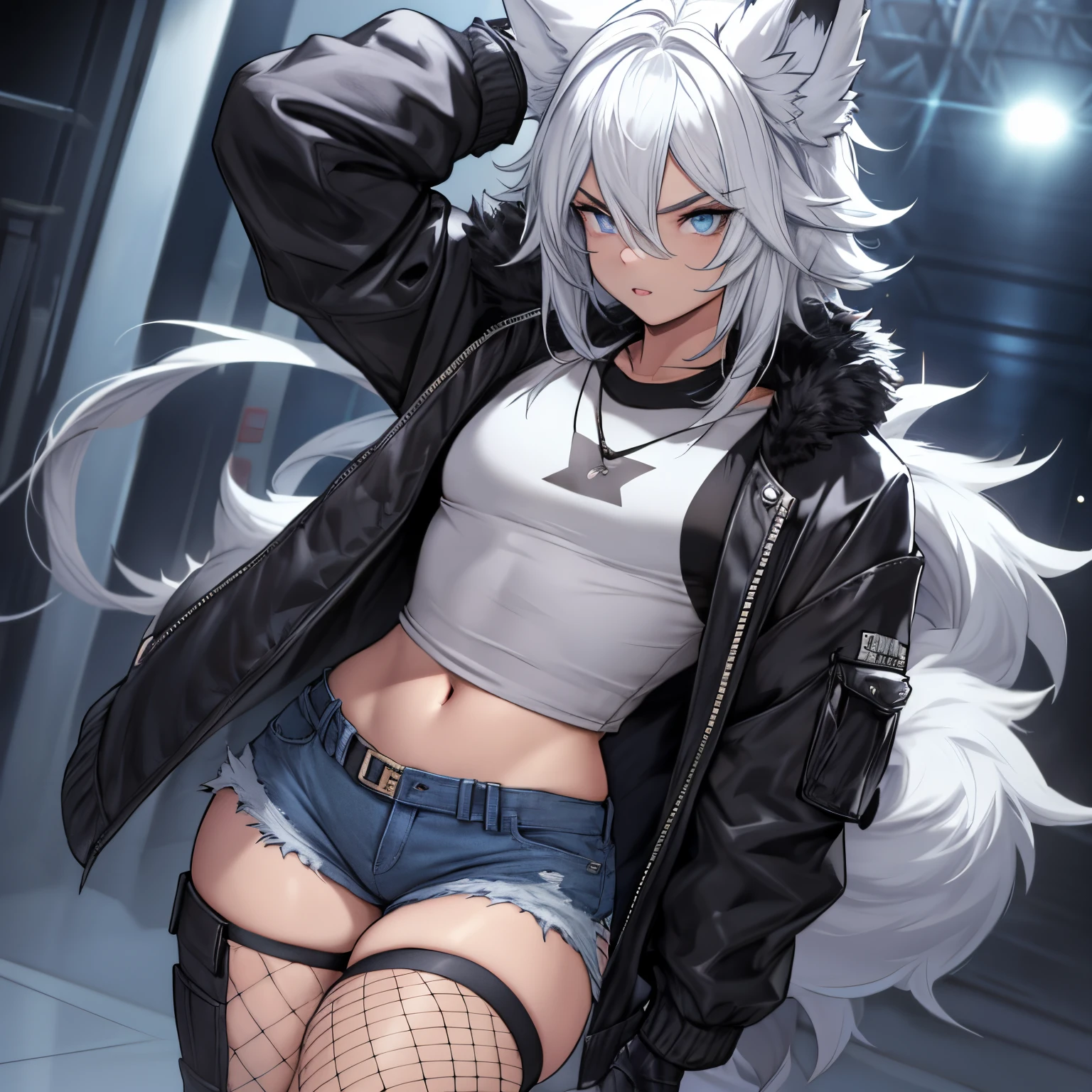 Single boy, Anime Femboy, Short, Long white hair, wolf ears, wolf tail, blue eyes, wearing short denim shorts, thigh high fishnets, black combat boots, wearing fur lined open jacket, flat ?????, super flat ?????, wearing cropped t-shirt, solo femboy, only one femboy ((FLAT ?????)) solo, alone, (SOLO)(ALONE) thicc thighs, wide ????, blue eyes, perfect eyes, perfect face, pouty lips, happy, curvy, sparkly blue eyes