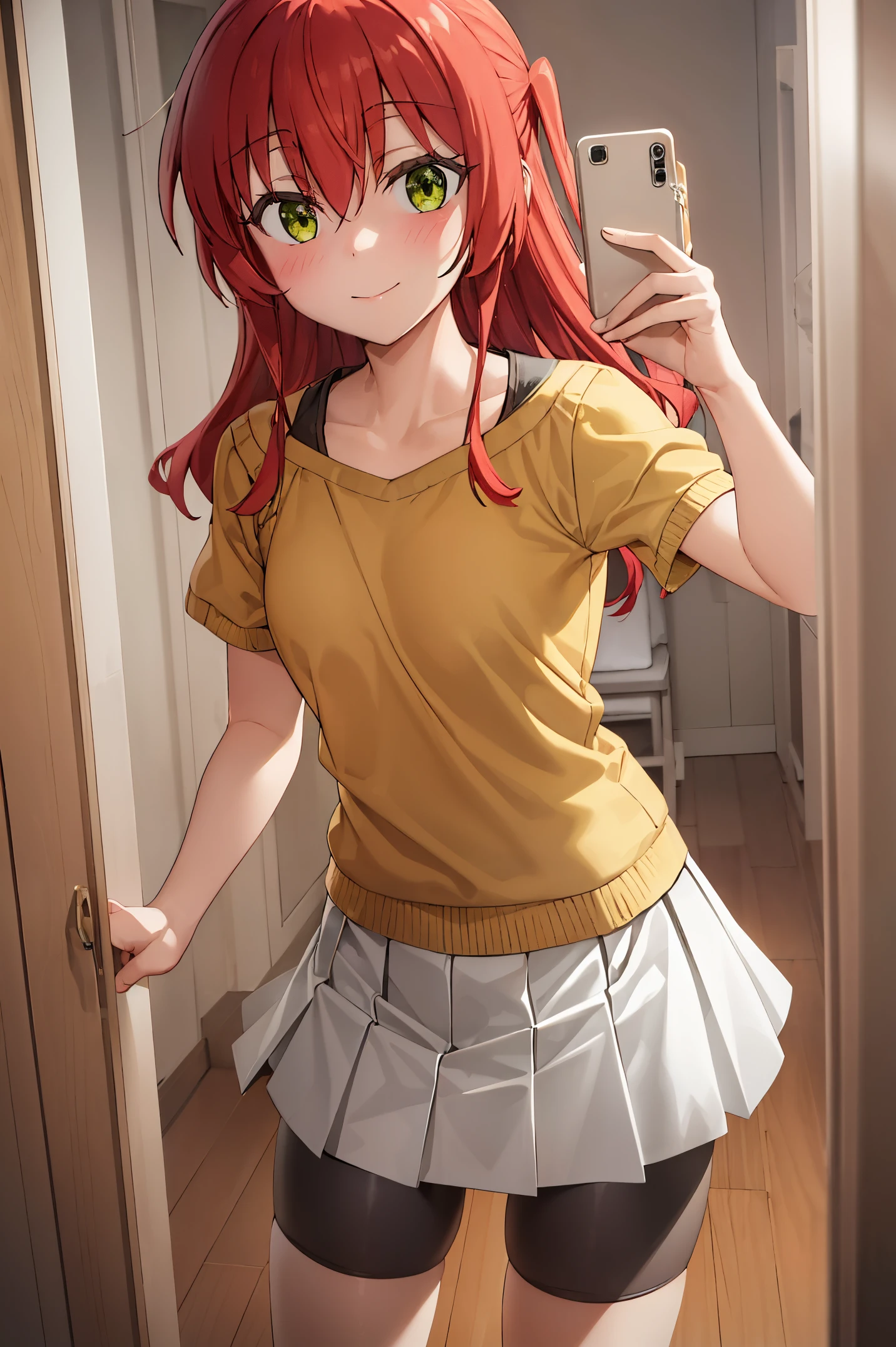 1 girl, best quality, ultra high res, long hair, red hair, green eyes, yellow shirt, short sleeves, white skirt, pleated skirt, miniskirt, bike shorts, bike shorts under skirt, looking at viewers, small breast, standing, pov, slim body,  body, small body, smile, room