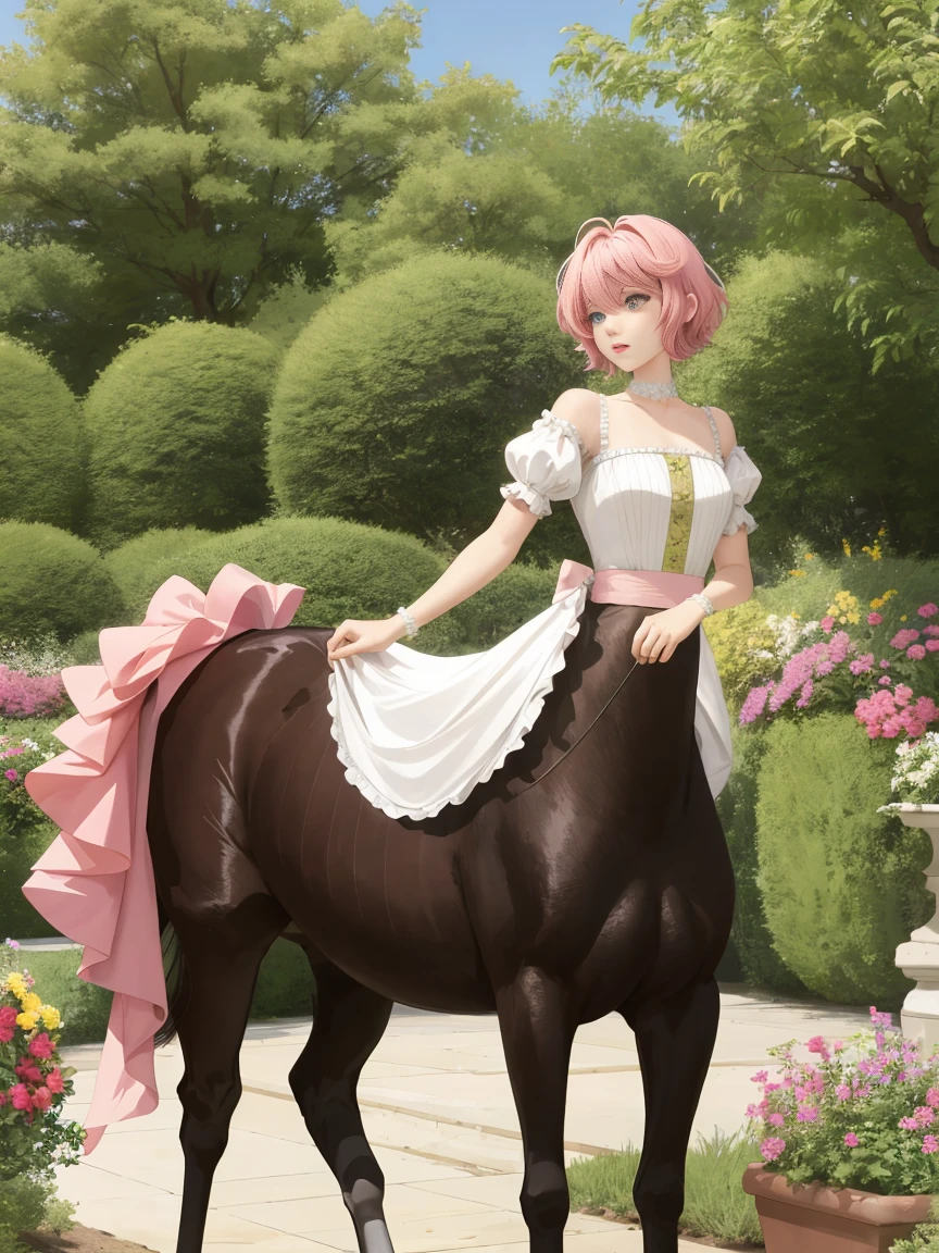 centaur, fused, 1girl, crossdressing, anime, beauty, small breasts, short hair, pink hair, garden, long dress, white dress, afternoon, full body,