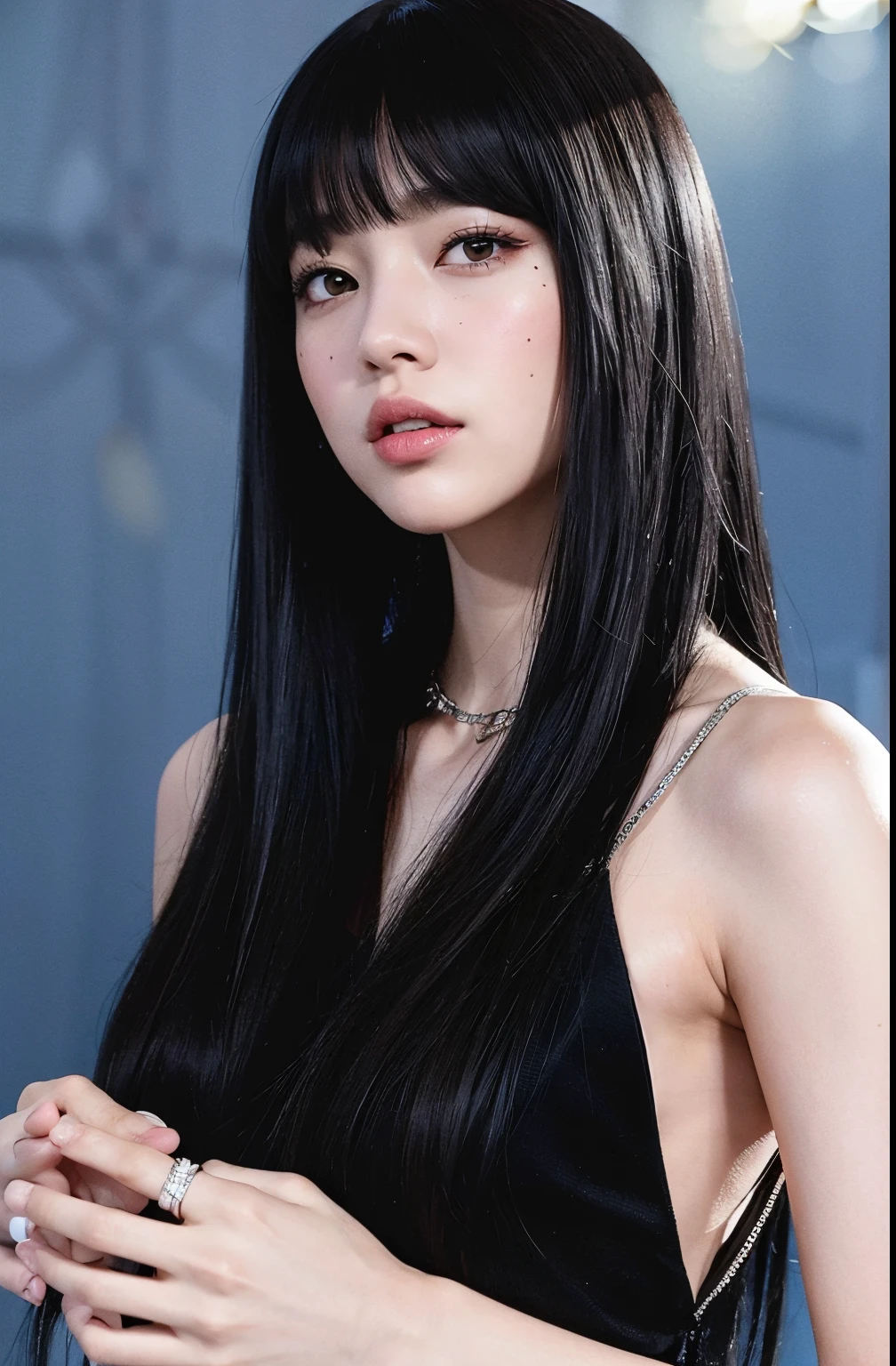 Araped woman with long black hair and black dress, She has black hair with bangs., long black hair with bangs, black hime hair cut, Ishida Sui Con Cabello Negro, Larissa Manoban of Blackpink, Retrato Jisoo Blackpink, hime cut, blackpink jennie, Larisa Manoval, Josh de Blackpink, long thin black hair