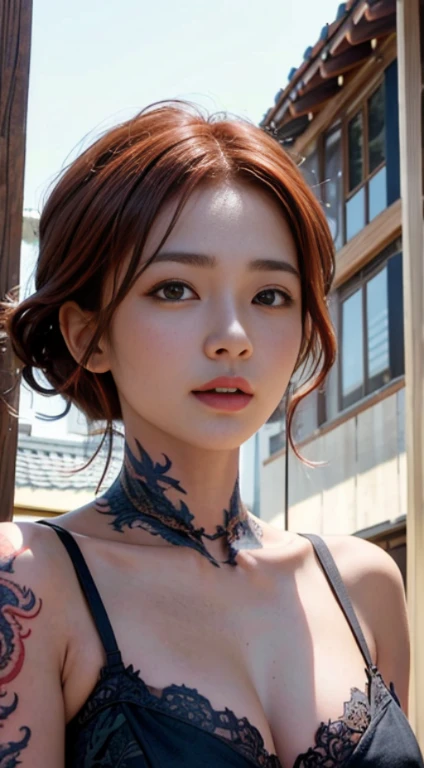 (best quality,highres:1.2), (photorealistic:1.4),medium close up portrait, low angle shot:1.4, (seen from below:1.3), a beautiful japanese girl posing on street at the old city,look at viewer,detailed face,beautiful detailed brown eyes,beautiful detailed lips,seductive smile,(short red hair:1.4),clear skin ,natural blush,wet body, slim body posture, (huge boobs, supple and soft),exposed shoulder,intricate detailed and vibrant (dragon tattoo:1.4) on shoulder, dragon theme tattoo,soft and flawless makeup,soft and natural lighting,subtle shadows on the face,radiant and vibrant colors,photorealistic rendering, photon mapping, foggy and dramatic atmosphere, wonderful cityscape background