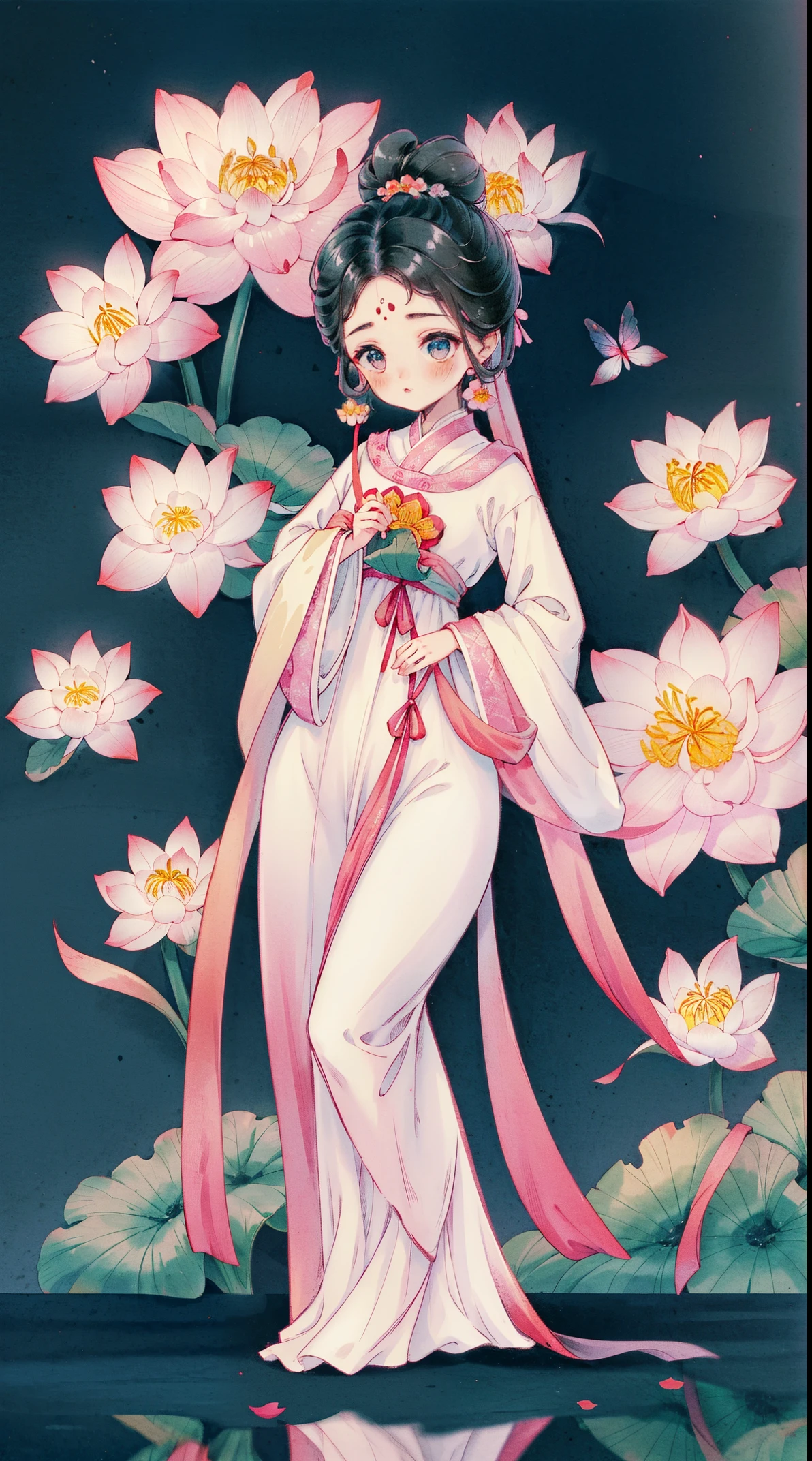 1 Sister, Alone, looking at viewert, face flushed, Background with, black hair color hair, hair adornments, longer sleeves, white backgrounid, Eternal, Full body lesbian, Pink Costume, lotus flower, flowers blooming, hairflower, hair-bun, butterflys, tmasterpiece, recent quality, The finest details, Clear facial features, beautidful eyes
