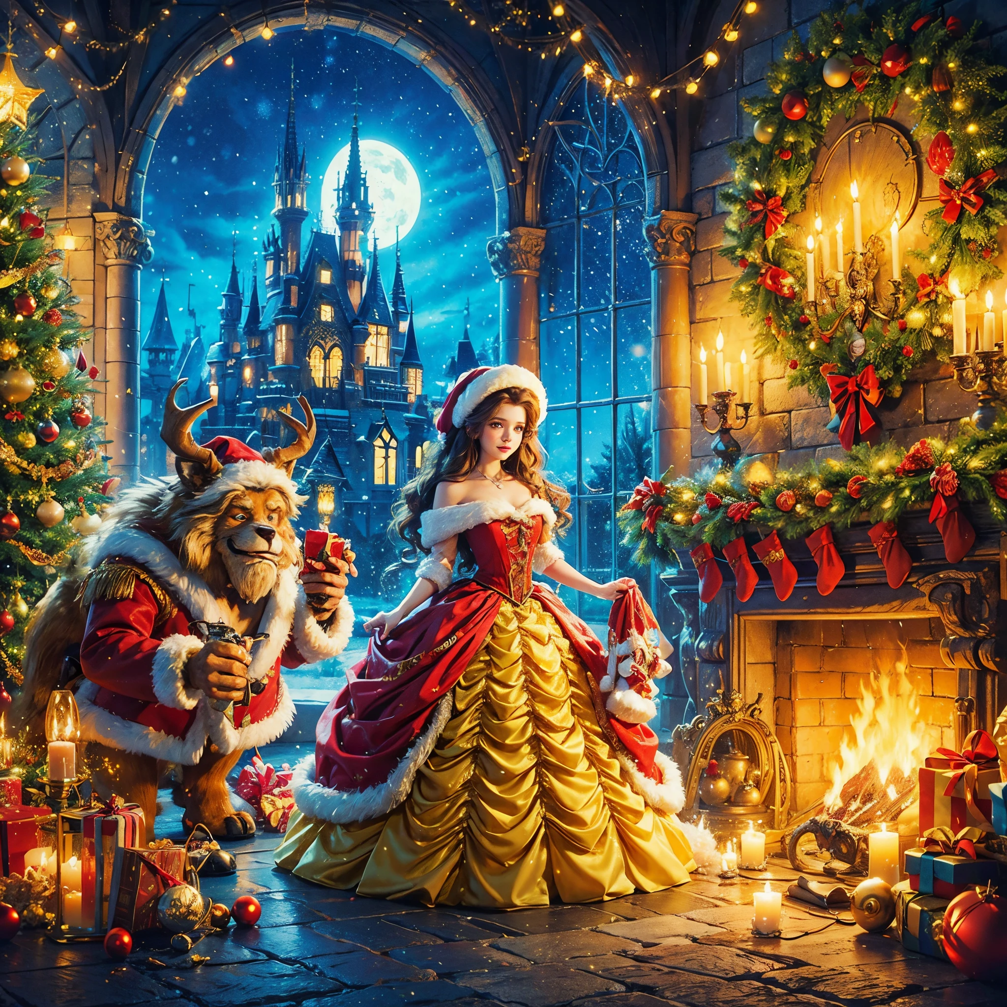 Belle and beast from beauty and the beast disney, princess belle and huge werewolf, danta outfit, xmas theme, huge werewolf, hyperdetail, realistic, 8k, masterpiece