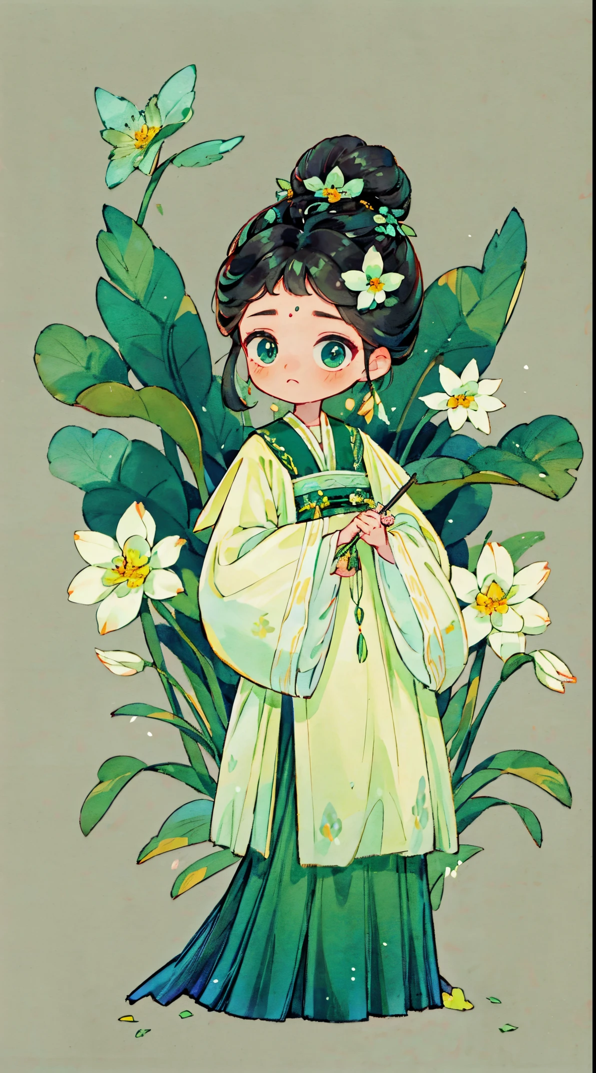 1 Sister, Alone, looking at viewert, face flushed, Background with, black hair color hair, hair adornments, longer sleeves, white backgrounid, everlasting, Full body lesbian, green color, flowers blooming, hairflower, hair-bun, butterflys, tmasterpiece, recent quality, The finest details, Clear facial features, beautidful eyes