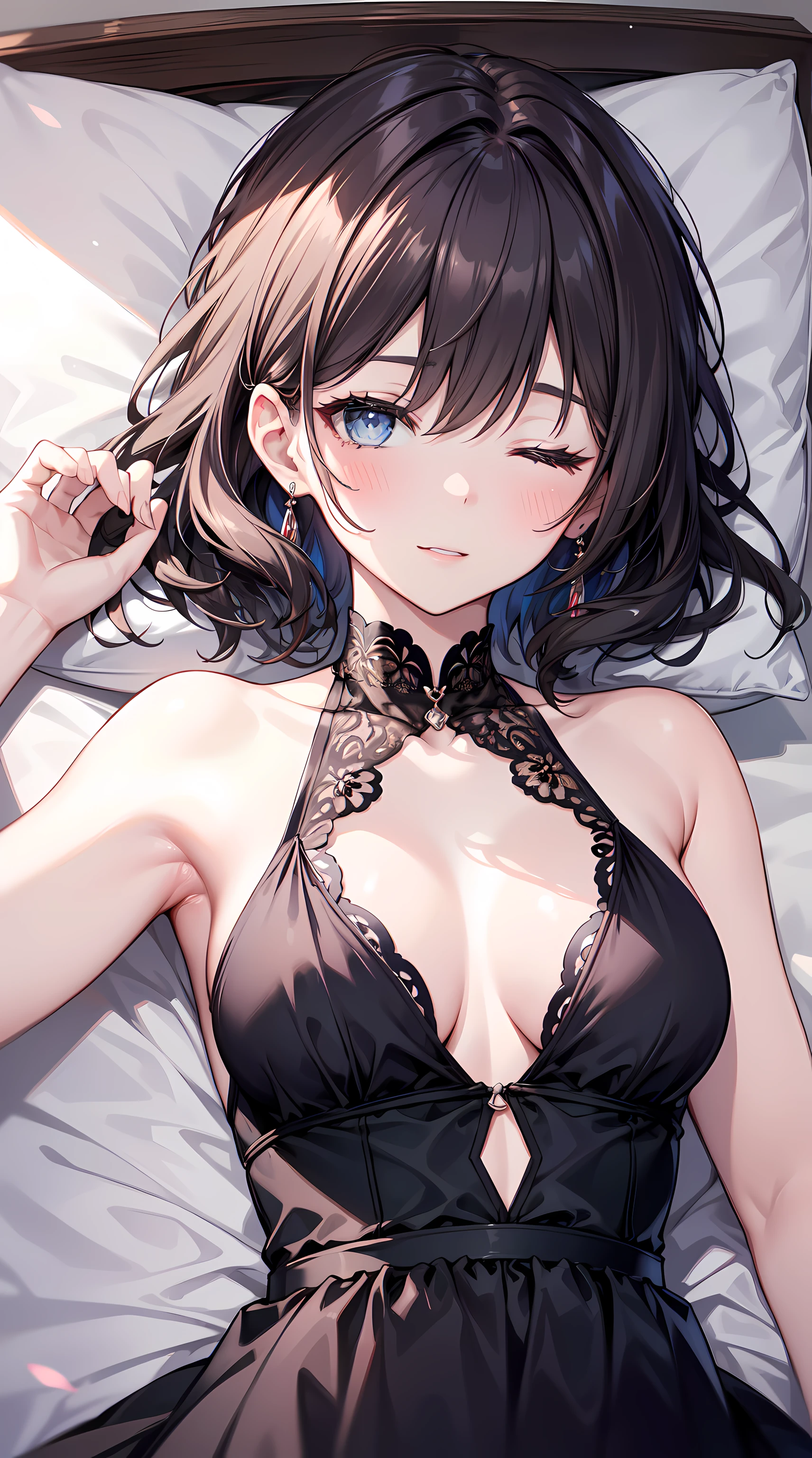 (Best quality,4K,8K,A high resolution,tmasterpiece:1.2),ultra - detailed,(actual,realistically),Vibrant colors,beautidful eyes,Delicate smile,face flushed,ctextured skin,tmasterpiece,k hd,Best quality,Gentle and beautiful woman,Mild,delicate and sexy collarbones,atractive Face,二重まぶた,rosy lips,small-nose,random hair style,dyed hair color,Huge big breasts,Elegant,Subtle blush,gorgeous one,perfect pubic bone,Elegant lady,Gorgeous dress,Photographed from top to bottom,lying down,lie on pillows,closing her eyes