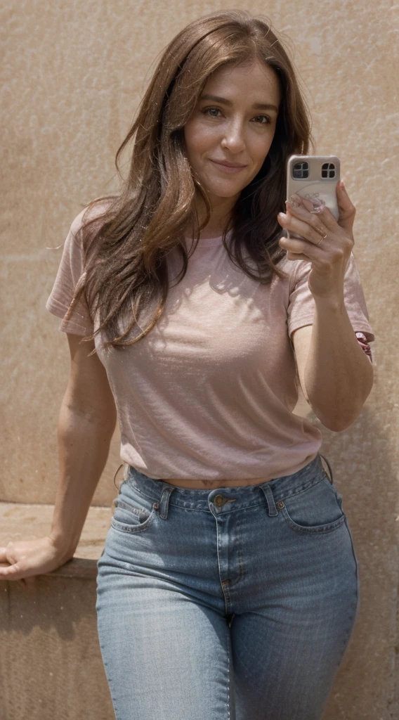 smiling woman with brown hair and pink shirt and jeans holding a cell phone, this person does not exist, 40 years old, ana de la reguera-julia leigh-sarah palin-katey sagal-courtenay taylor-lena dunham-pamela adlon-christine lahti-melanie lynskey-tina fey-ashley hebert-caroline aaron-shelley conn merged, entire body visible, full body, hyperrealistic, best quality, 8K, masterpiece, extremely intricate, detailed eyes, detailed face, detailed body, exaggerated features, pronounced features, fujifilm