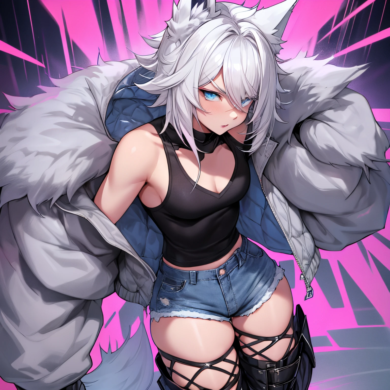 Single boy, Anime Femboy, Short, Long white hair, wolf ears, wolf tail, blue eyes, wearing short denim shorts, thigh high fishnets, black combat boots, wearing fur lined open pink jacket, flat chest, super flat chest, wearing cropped t-shirt, solo femboy, only one femboy ((FLAT CHEST)) solo, alone, (SOLO)(ALONE) thicc thighs, wide hips, blue eyes, perfect eyes, perfect face, pouty lips, happy, curvy, sparkly blue eyes